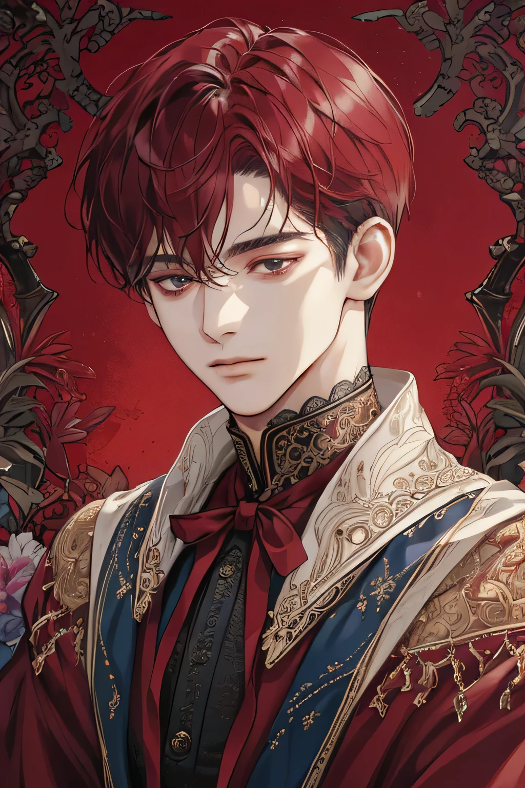 (extreamly delicate and beautiful:1.2), 8K,(masterpiece:1.0),(best_quality:1.0), 1 Boy, and intricate detailing, Enlarged textures, and intricate detailing, finely eye and detailed face, and intricate detailing, shiraga, maroon red short Curtain two block hair, (closed mouths), Perfect eyes, Equal eyes, black eyes (A Male god) with blue victorian clothes
Look at camera