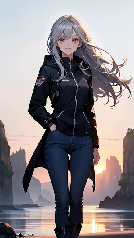(Confused, High resolution, Very detailed), 1 female, Silver Hair,Long Hair,Reddish brown eyes,boots,Wearing a hood,Long navy blue coat,Skinny jeans,Black and white pilot suit,,Small breasts,24-years-old,Beautiful woman,Adult female,,thin,quiet,Calm,A small smile,Coast at dawn
