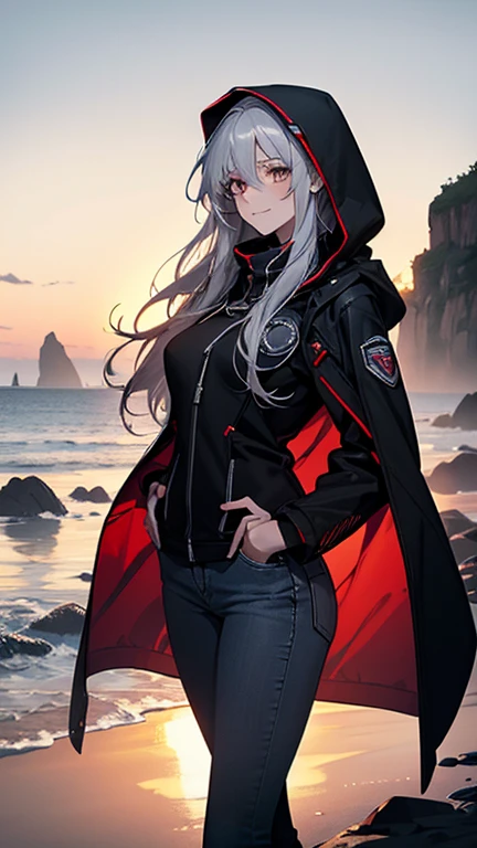 (Confused, High resolution, Very detailed), 1 female, Silver Hair,Long Hair,Reddish brown eyes,boots,Wearing a hood,Long coat,Skinny jeans,Black and white pilot suit,,Small breasts,26 years old,Beautiful woman,Adult female,,thin,quiet,Calm,shy little smile,Coast at dawn