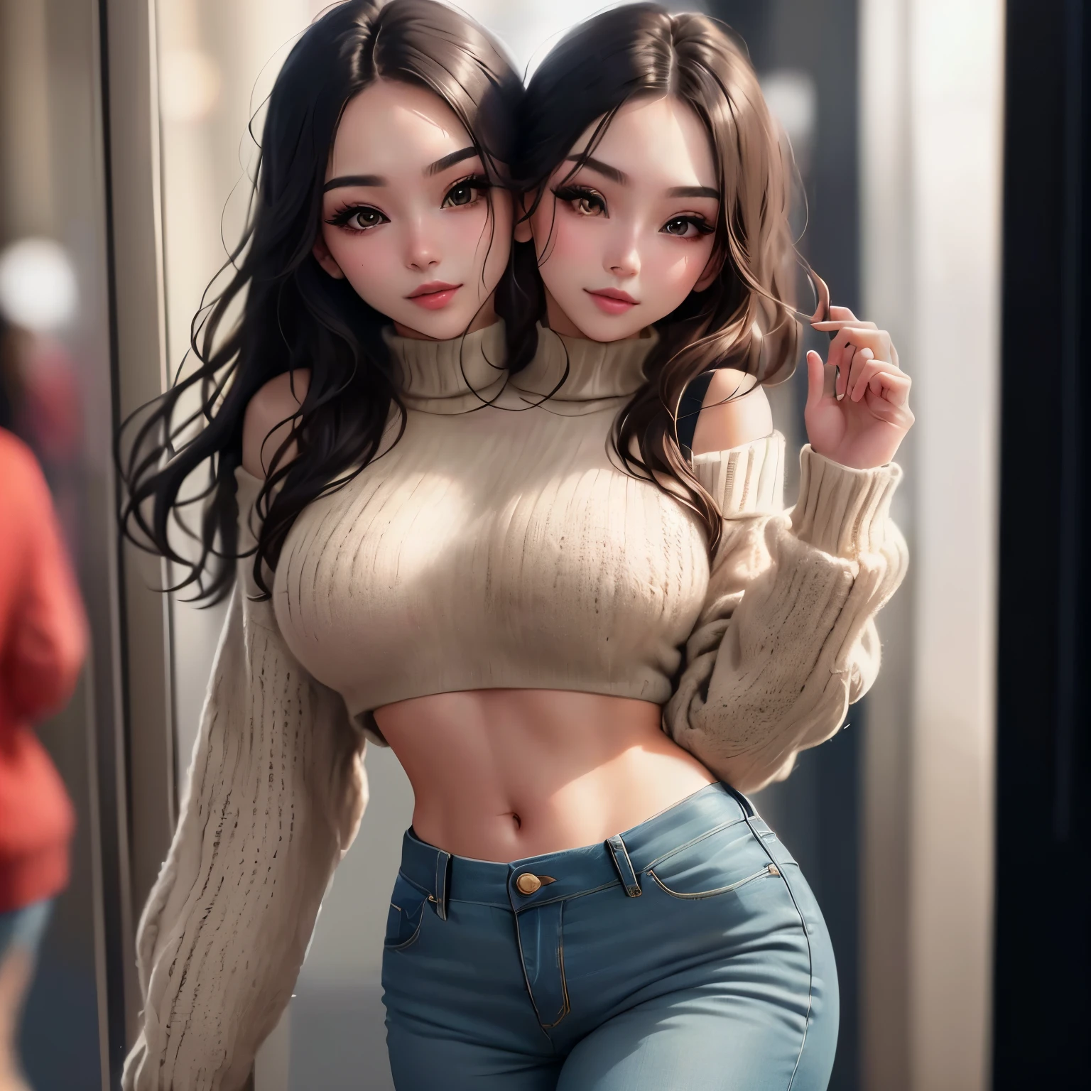 arafed woman in a sweater and jeans posing for a picture, trending on cgstation, trending at cgstation, wearing sweater, beautiful asian girl, lovely woman, wearing a sweater, attractive pose, beautiful woman, candid picture, wearing a cute top, beautiful model girl, cute elegant pose, korean women's fashion model, sweater, beautiful girl model, (two heads)
