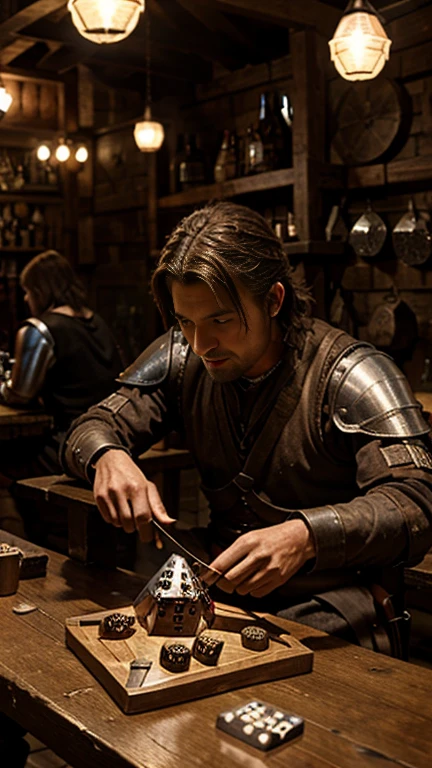 Medieval tavern, crowd peasants, (knight)Male medieval knight (ring mail), poor, ragged clothing, playing dice. Dice sides 6, ((six-sided dice))