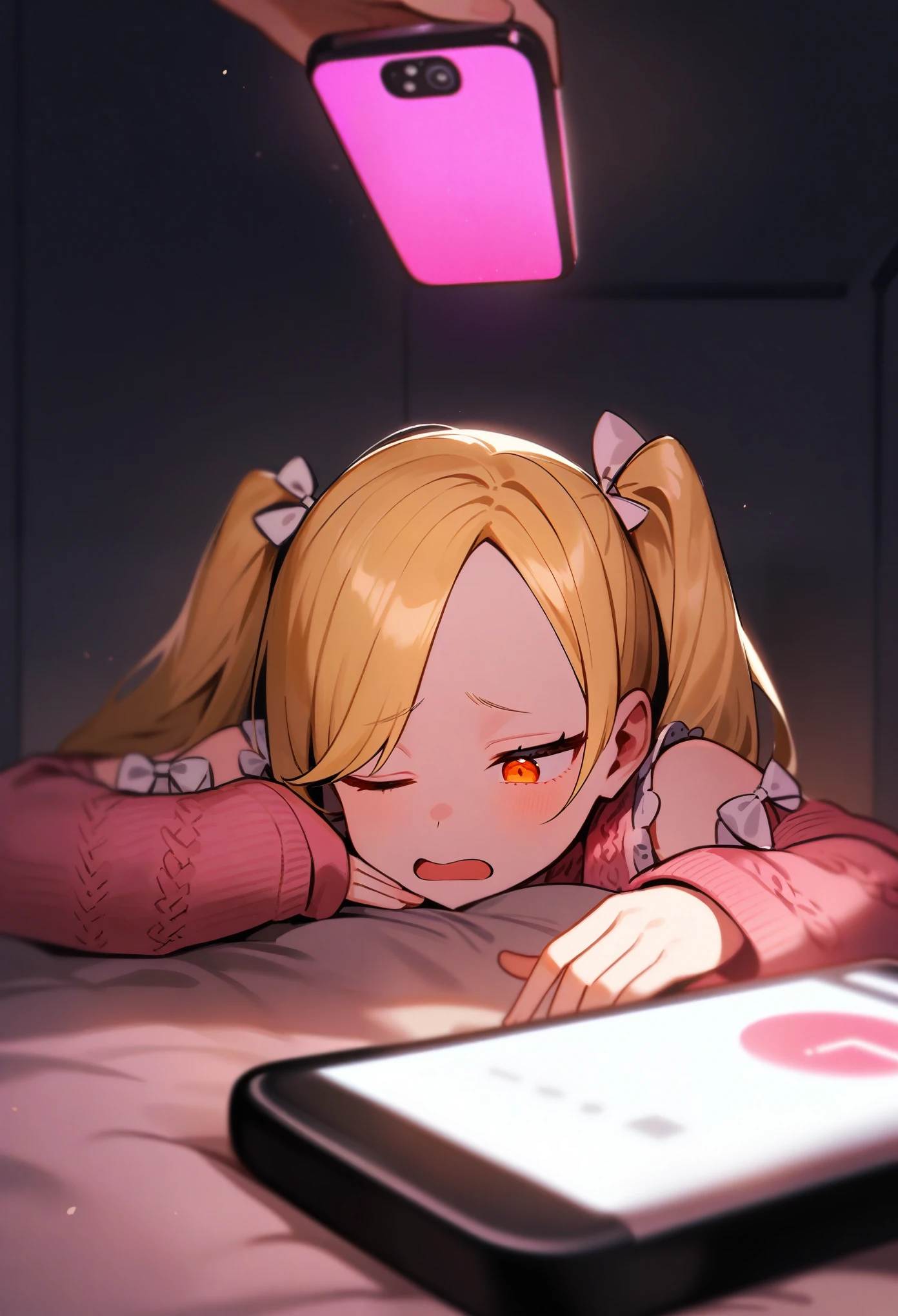 (masterpeice), adult, skinny, lolita, half-close_eyes, 18_years_old, braided_twintails, forehead, orange_eyes, one_eye_open, one_eye_closed, yawn, tired, kicking legs, head, blonde, phone, dimly lit, indoors, dark, hands, perfect_fingers, pink_sweater, cut_out_shoulders, crochet_sweater, white_bows_on_sleeves, half_closed_eye, depth_perception, lying down, close-up, head:0.1, phone:1.1, phone_in_foreground, smooth lighting, head in foreground, looking at phone, lying_down, pink_futon, dark_room, inside, reaching_for_phone, looking_at_phone, foreground_layers, half_asleep, dark, black surroundings, glowing phone, hang-up_button
