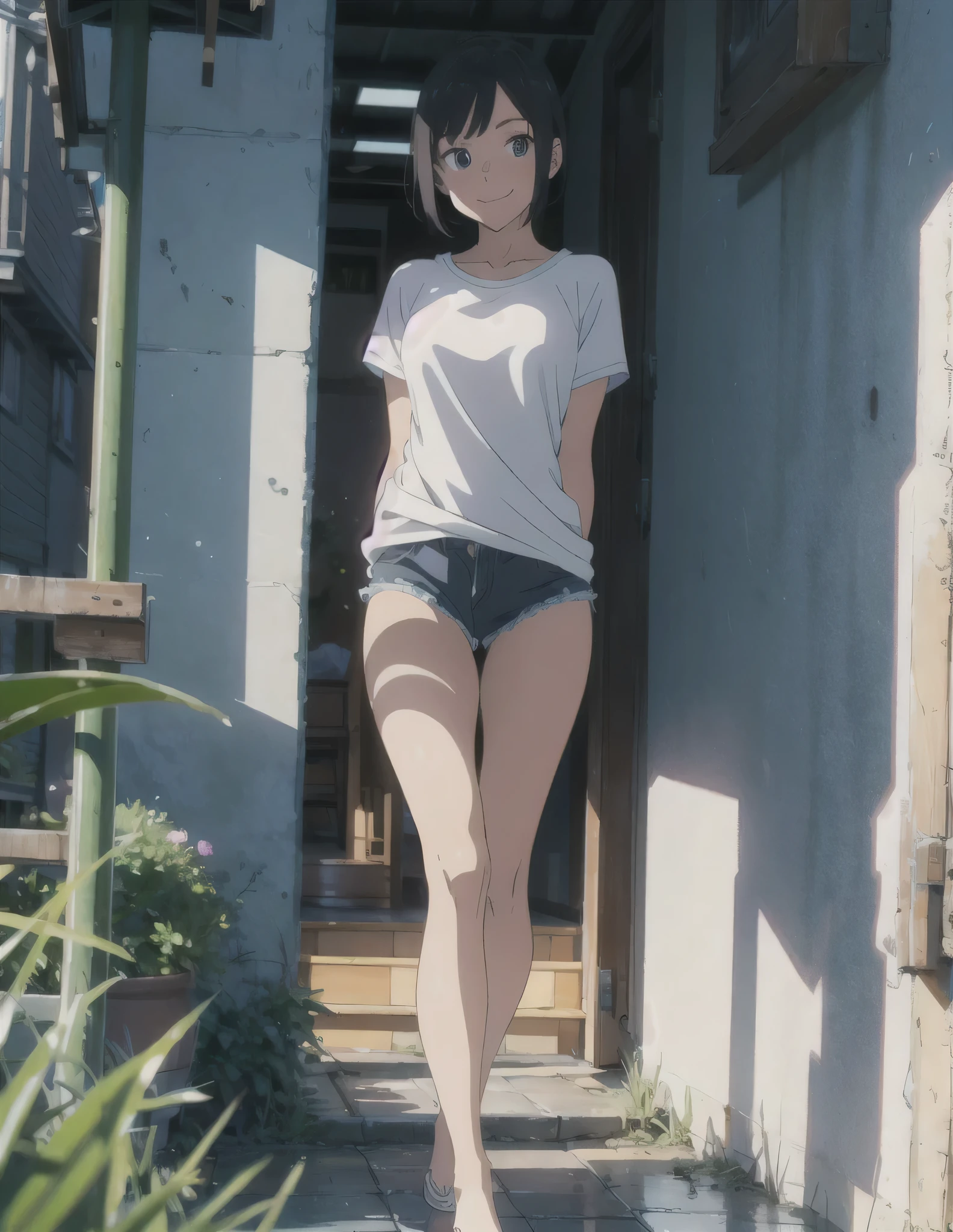 The Wind of Sincerity, anime, after the rain, Moving visual effects, Natural glare. Pretty woman in a white t-shirt and denim shorts, A 20-year-old with a gentle face,Exposed female genitalia, ,The crotch is exposed,Tanned girl in a swimsuit、short hair,Baby Face,Look at the viewer and smile、,Put your arms behind your back.