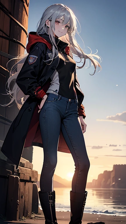 (Confused, High resolution, Very detailed), 1 female, Silver Hair,Long Hair,Reddish brown eyes,boots,Wearing a hood,navy long coat,Skinny jeans,Black and white pilot suit,,Small breasts,24-years-old,Beautiful woman,Adult female,,thin,quiet,Calm,A small smile,Coast at dawn