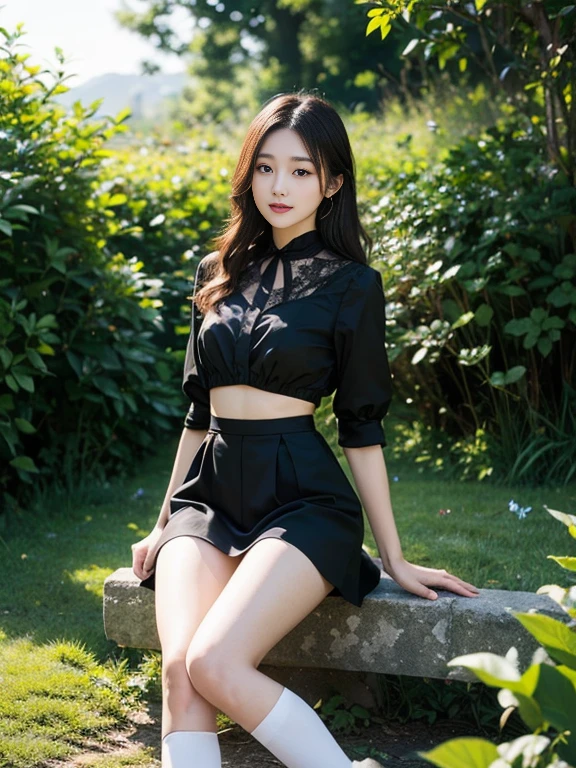 masterpiece, best quality,8k, Ultra-high resolution,Real light and shadow,movie shot,(beautiful eyes:1.1), ((medium shot the scene is,Upper part of the body)),On green meadows,The gentle and sexy girl in black stockings takes gentle steps。She was wearing a white jk,Wearing black silk and white JK breeze blowing,The skirt dances lightly。The sun shines through the leaves on her hair,Reflecting her clear eyes and gentle smile。Colorful butterflies fluttered around her,Flowers bloom at her feet,It's as if nature is cheering her on.。