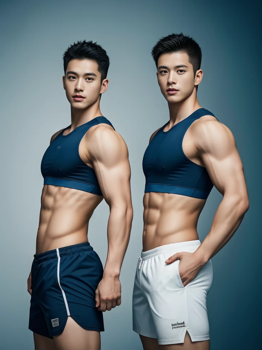 Two firefighters in their 20s，Full chest muscles，Swelling of chest muscles，Six-pack abs，Has short black hair， blue eyes，Sexy and charming expression，Wear white training clothes、Dark blue shorts, 大包Convex显亮点，Convex，high resolution, masterpiece, best quality, head:1.3,((Hasselblad Photo)), Delicate skin, Stay focused, (Movie Lighting), night, Soft Light, Dynamic Angle, [:(Delicate face:1.2):0.2],(((exercise))), kinetic, Arm muscles are big, Hands on hips.