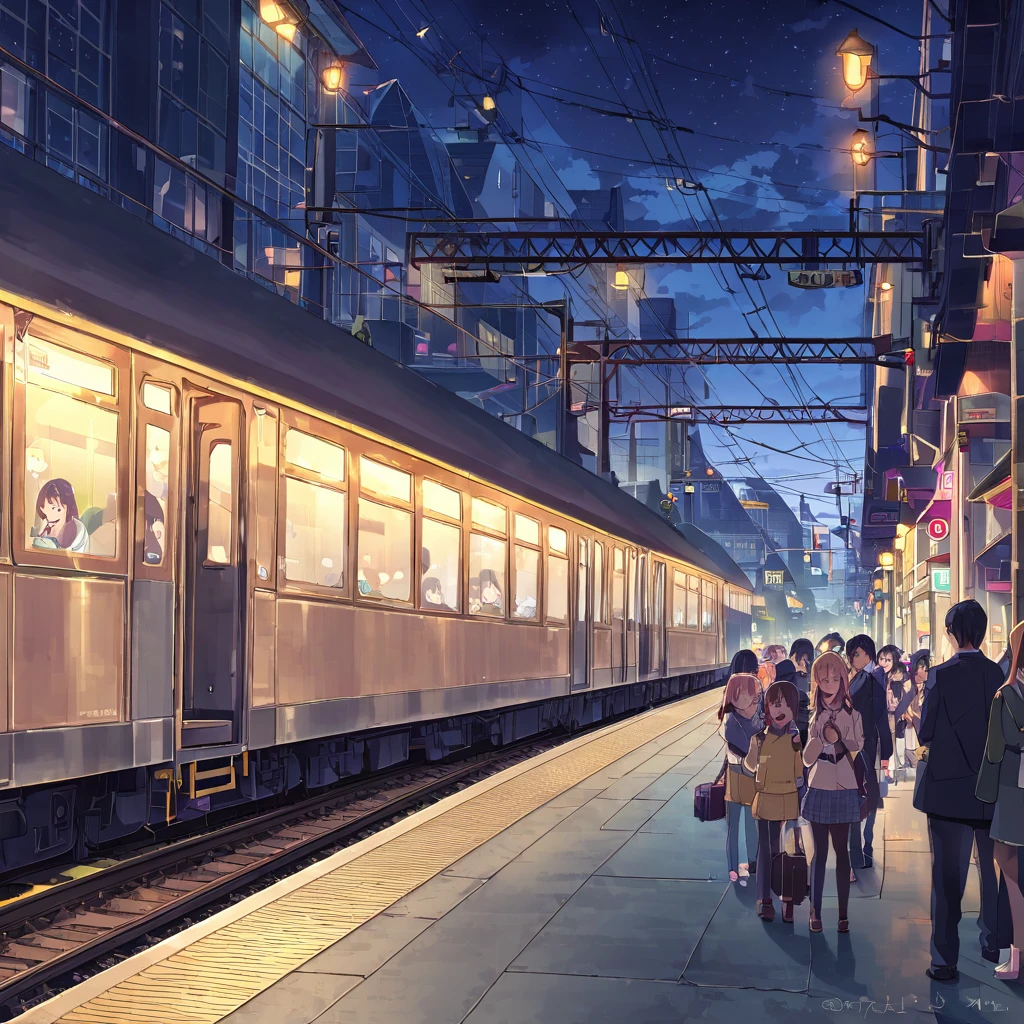 A railway line on the verge of closure、Late night platform、Person to see off々、Station staff、Person looking out of a train window、The station interior lit by a few street lights、旗を振って列車をPerson to see off、Crying person、person screaming、３Two-piece train、A lot of people on a narrow platform々、Old station building、The cityscape is dimly lit by train and station lights.