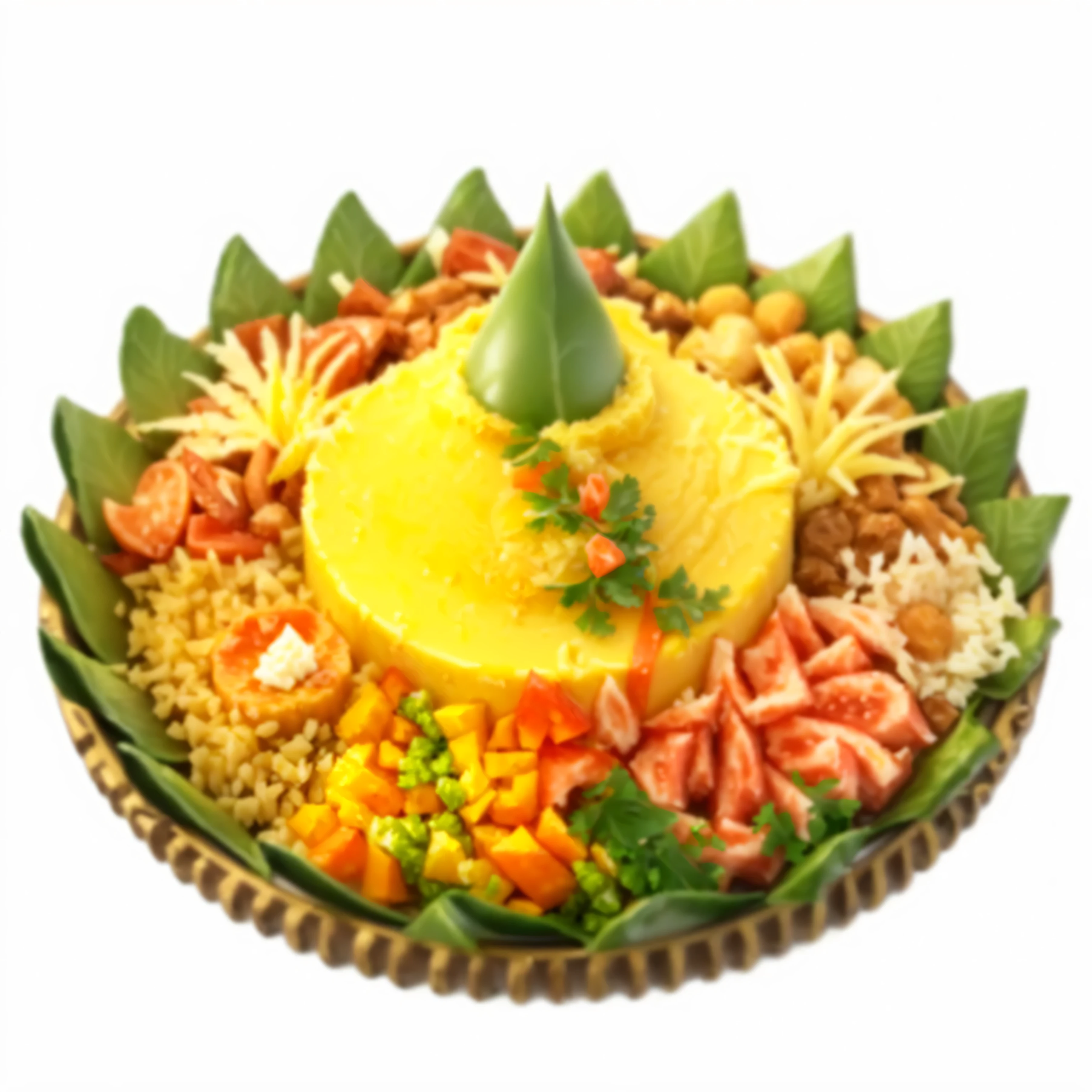 there is a plate with a yellow cake on it, offering a plate of food, thai, traditional, an island made of food, bali, dish, in style of thawan duchanee, south east asian with long, 2654465279, cuisine, traditional art, thailand, 2506921471