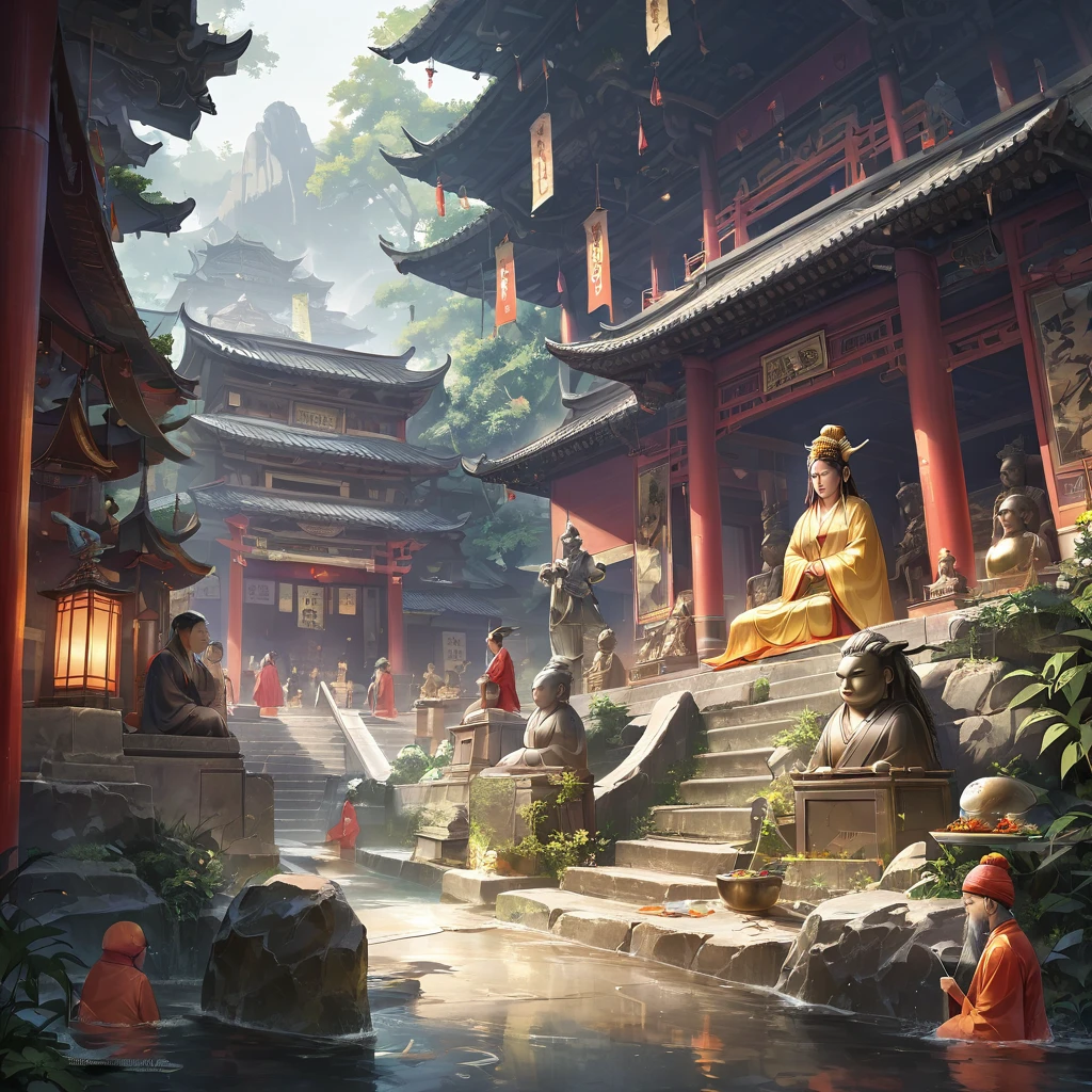 ancient China, Temple, (Mysterious black mist), journey to the west, judge, elder, Glazed tiles, Buddhist statue, lanthanum, Disorganized, Realistic lighting, (abyss) masterpiece, high quality, Beautiful graphics, Attention to detail, seabed, Water Prison, male, Snake Spirit  