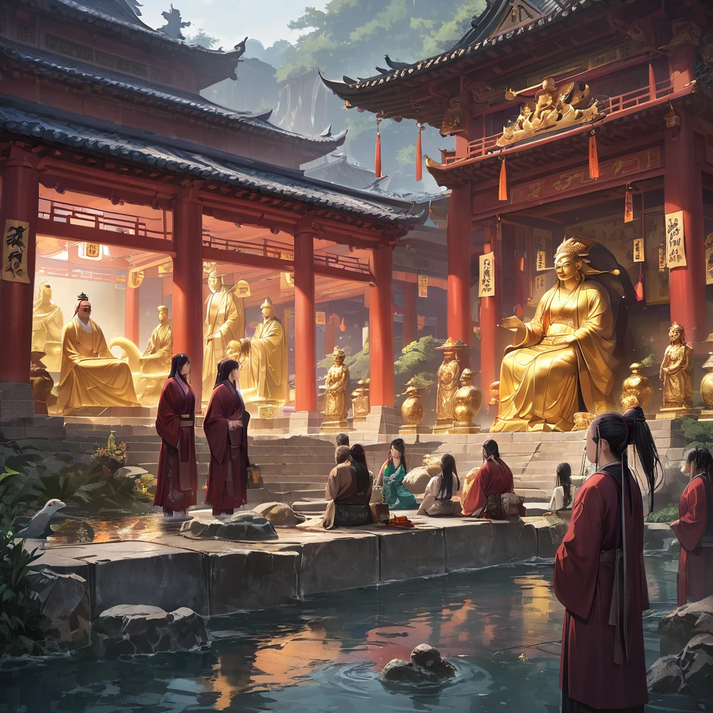 ancient China, Temple, (Mysterious black mist), journey to the west, judge, elder, Glazed tiles, Buddhist statue, lanthanum, Disorganized, Realistic lighting, (abyss) masterpiece, high quality, Beautiful graphics, Attention to detail, seabed, Water Prison, male, Snake Spirit  