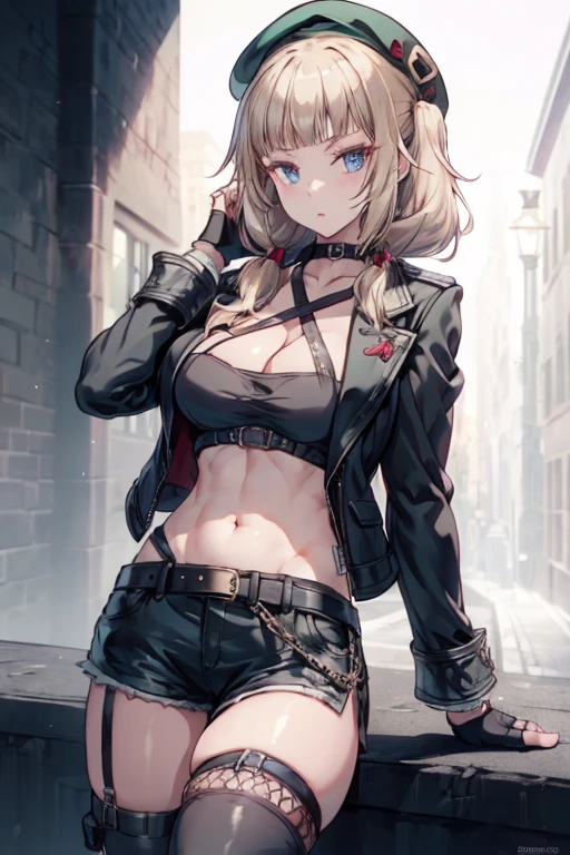 ubel,dark green hair,long hair,side ponytail,hair between eyes,bangs, BREAK (beret, black jacket, open clothes, cleavage, midriff, black shorts, black thighhighs, thigh strap, fingerless gloves, single glove:1.2) BREAK blurry background, BREAK pose, hand on hip, BREAK (masterpiece:1.2), best quality, high resolution, unity 8k wallpaper, (illustration:0.8), (beautiful detailed eyes:1.6), extremely detailed face, perfect lighting, extremely detailed CG, (perfect hands, perfect anatomy),
