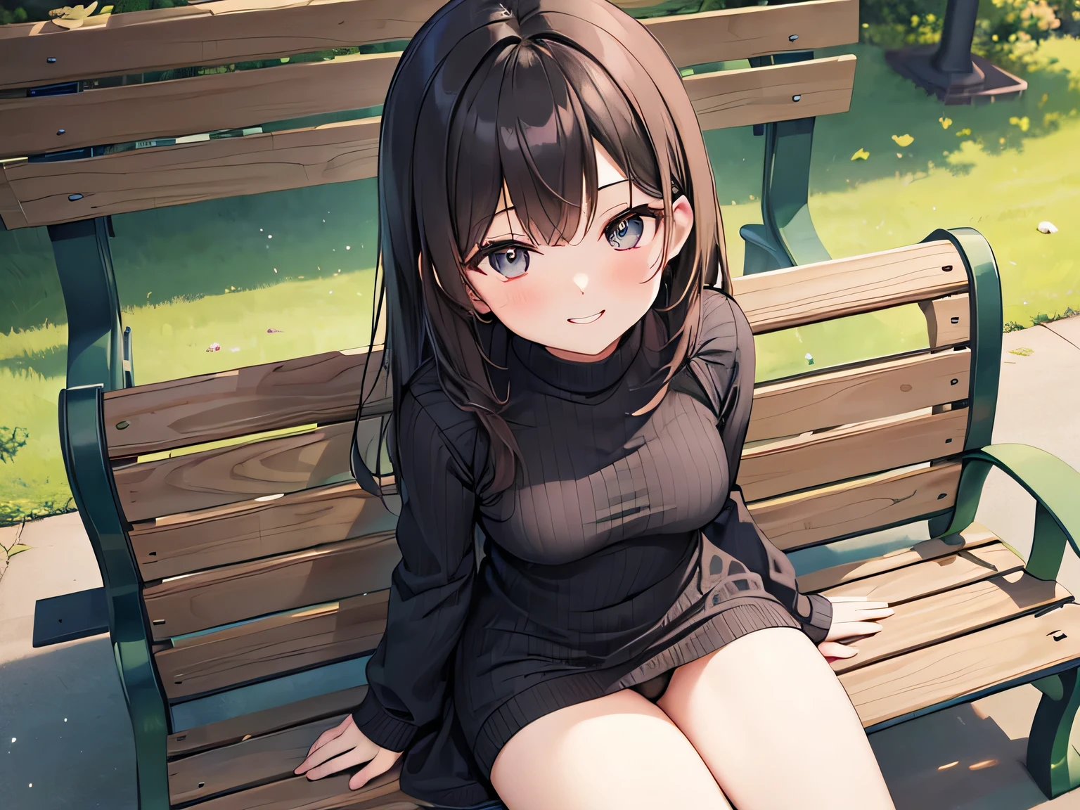 (masterpiece、highest quality、High resolution、Realistic photo、Real looking skin:1.1)、 
(A woman sits on a bench at an amusement park with her legs closed:1.8)、 
(The length of the dress is so short that her panties are visible.:1.8)、 
(I&#39;m looking at her from a slightly higher perspective.:1.8)、 
(Provocative, grinning expression:1.8)、 
(She is wearing a black long-sleeved knit mini dress.:1.8)、
(The material of the dress is ribbed knit that shows the lines of the body.:1.8)、
(She is wearing black knee-length boots:1.8)、 
(The panties are red and have a pattern.:1.5)、 
(Brown medium hair:1.5)、  
(She is 31 years old and has a mature look.:1.5)、
(Location: amusement park bench:1.5)、 
1 Japanese Girl、solo、Full Body Esbian、Beautiful Eyes、Shining Eyes、Shining thighs、NSFW