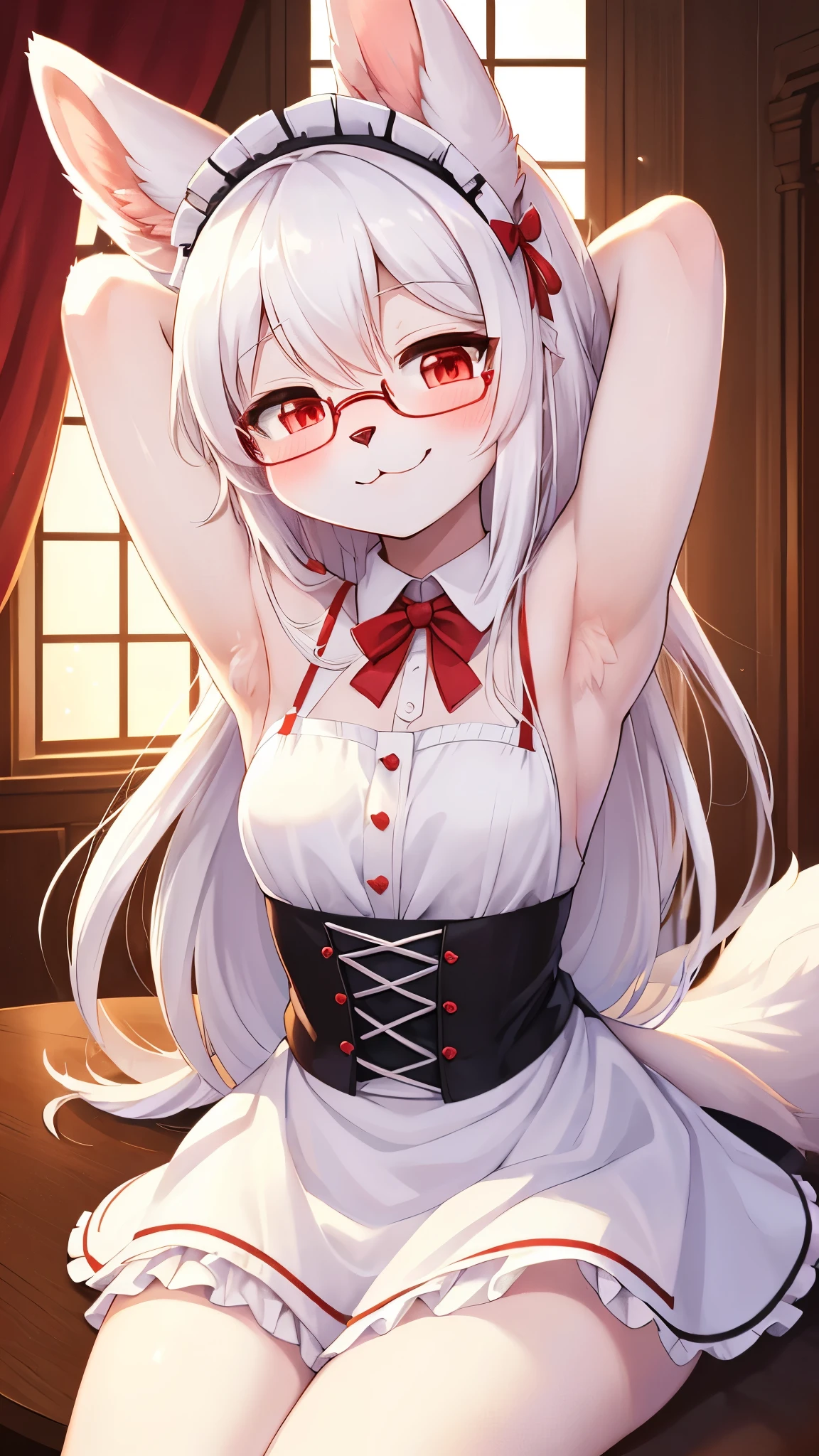 best quality,best reaolution,(fluffy anthro furry :1.6),(young :1.6), rabbit girl,small breasts,wavy hair,curvy hair,long hair,white rabbit ears,white rabbit tail,(white fur :1.6),red eyes,glistering eyes,sparkle eyes,huge circle glasses,looking at viewer,full face blush,beautiful cafe,romantic light,light and shadow,heart eyes,heart expression eyes,sexy face,smile,stand, white panties