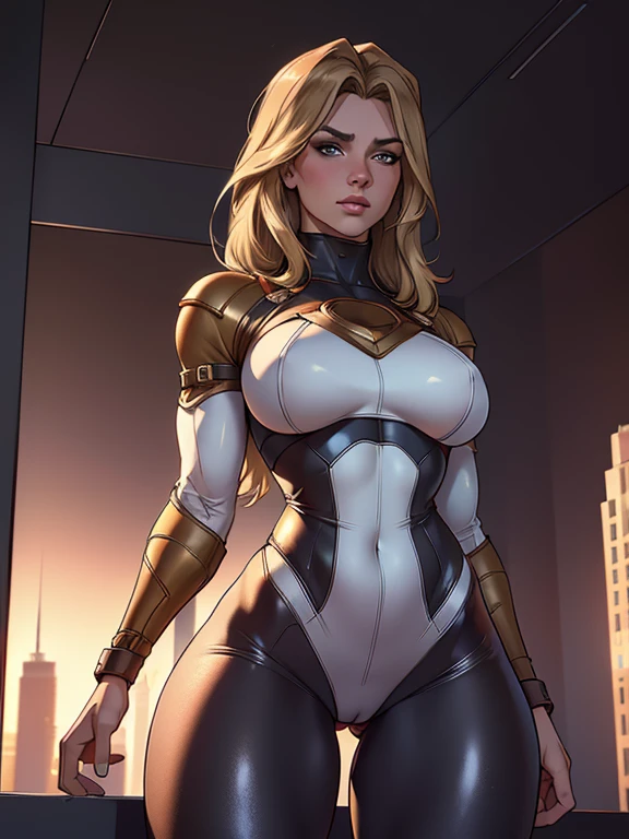 (best quality,4k,8k,highres,masterpiece:1.2),ultra-detailed,(realistic,photorealistic,photo-realistic:1.37),beautiful ((Power girl)),muscular,beautiful detailed eyes,beautiful detailed lips,longeyelashes,dark blond hair cascading down her shoulders,black leather pants,light beige sweater,full body,strong lighting,soft warm colors,blurred background,neutral expression,standing on (((top of a skyscraper))) in a sunlit city in ruins, (cameltoe), ((bound, restrained, kidnapped))