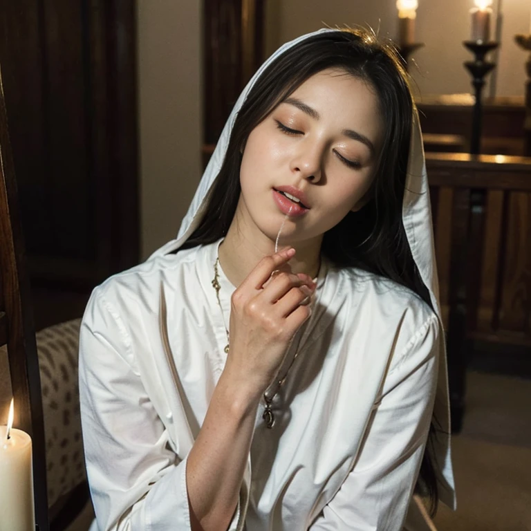 (best quality,4k,8k,highres,masterpiece:1.2),ultra-detailed,(realistic,photorealistic,photo-realistic:1.37),oil painting,soft brush strokes,sacred atmosphere,soft lighting,nun in white habit,candlelight flickering on walls,praying hands with rosary beads,stained glass windows,tranquil expression,gentle smile,golden crucifix necklace,shimmering halo above head,vivid colors,subtle shadows,long wavy hair flowing,elegant posture,peaceful ambiance.A young and very beautiful nun、(Open your mouth wide:1.55)、(Half close your eyes:1.4)、(reach sexual climax:1.55)、Face the viewer、Kneeling pose、At the altar of the chapel、Shot from above、natural breasts