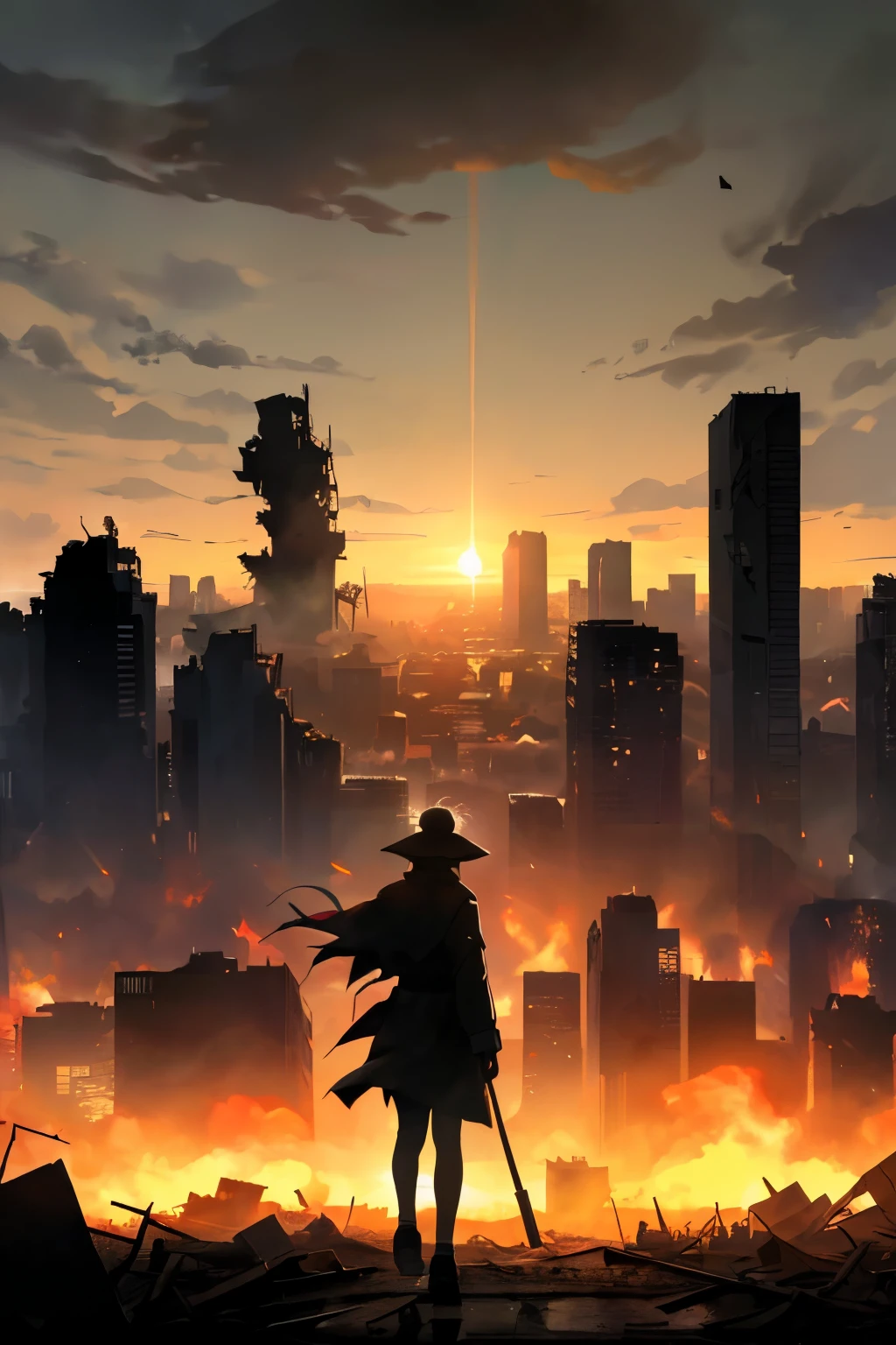 (The End of the World theme: 1.4), a staggering apocalyptic scene, (ruins of a once vibrant city: 1.2), war-torn landscape, (violence: 1.2), destruction, (but there is hope and rebirth: 1.4),
BREAK, survivors huddled together, (determined faces: 1.2), (smoke and debris: 1.2), (sun rising over the devastation: 1.2), (a sign of renewal: 1.2),
BREAK, (a lone figure in the distance: 1.4), (clean, unhar