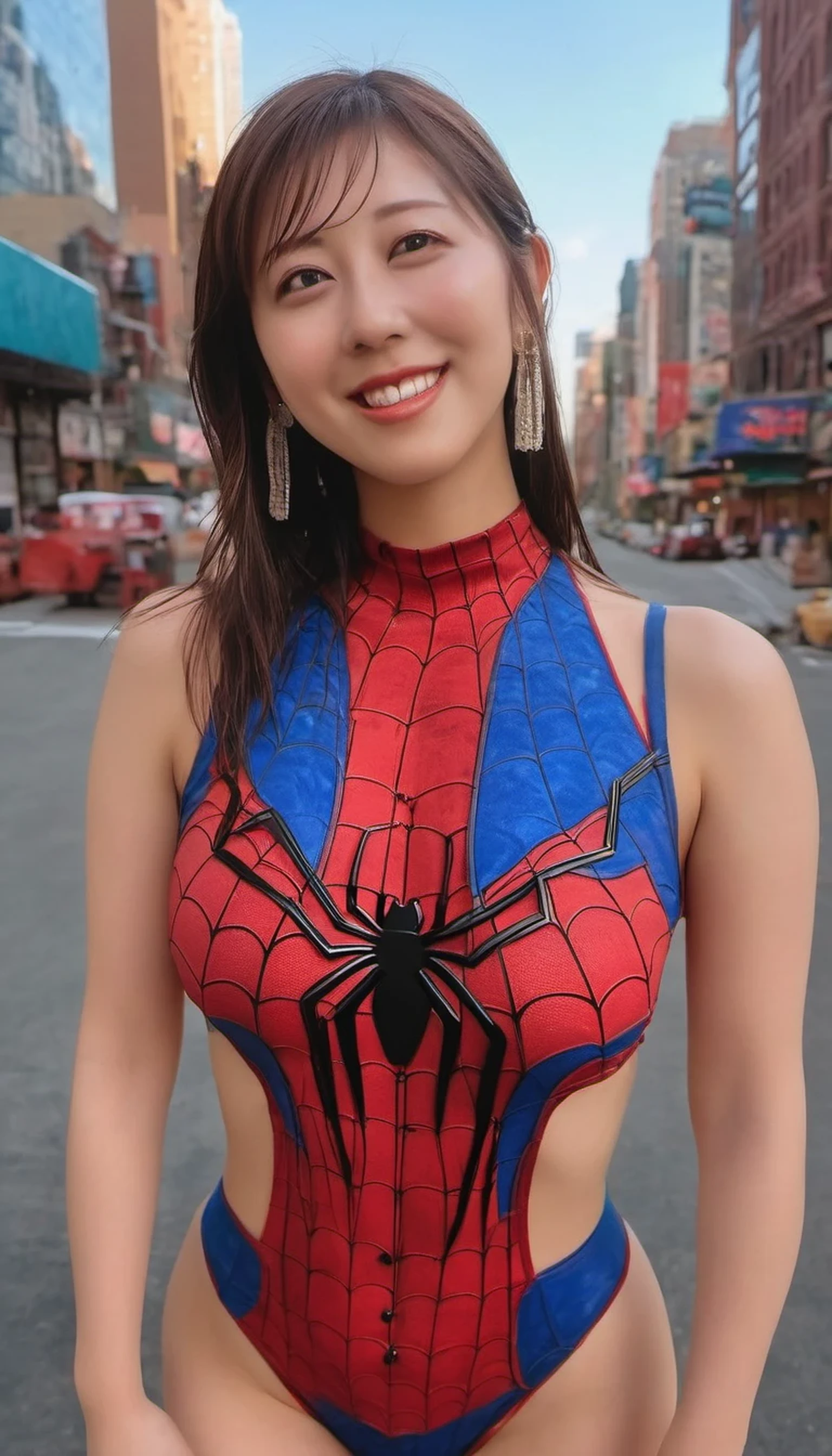 (Highest image quality, realistic depiction),(Body slippery with lotion,sweaty body),a choker,fullnude,full naked,(artistic all naked art),Colossal tits,(A beautiful woman expressing spider-man with navy and red body paint,Colossal tits,leg up,),Beautiful neon-lit downtown area with lively nightlife