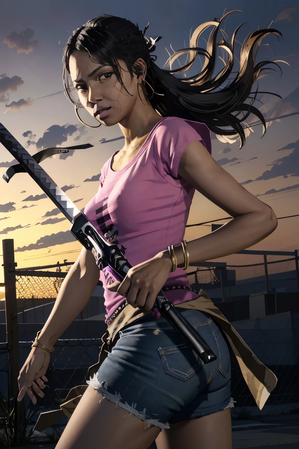 rochelleizquierda, arma, espada, joyas, solo, piel oscura, pendientes, cerca, 1 chica, realista, katana, mujer de piel oscura, chain-link cerca, pelo negro, pulsera, cabello corto, very piel oscura, Brown eyes, tenencia arma, por encima del hombro, camisa, tenencia, arma por encima del hombro, tenencia espada, hoop pendientes, pink camisa, big ass