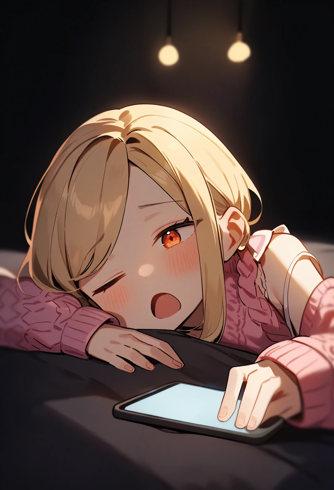 ((masterpeice)), rating:safe, adult, skinny, lolita, half-close_eyes, 18_years_old, braided_twintails, forehead, orange_eyes, one_eye_open, one_eye_closed, yawn, tired, kicking legs, head, blonde, phone, dimly lit, indoors, dark, hands, perfect_fingers, pink_sweater, cut_out_shoulders, crochet_sweater, white_bows_on_sleeves, half_closed_eye, depth_perception, lying down, close-up, head:0.1, phone:1.1, phone_in_foreground, smooth lighting, head in foreground, looking at phone, lying_down, pink_futon, dark_room, inside, reaching_for_phone, looking_at_phone, foreground_layers, half_asleep, dark, black surroundings, glowing phone, hang-up_button, black_background, looking_blankly_at_phone
