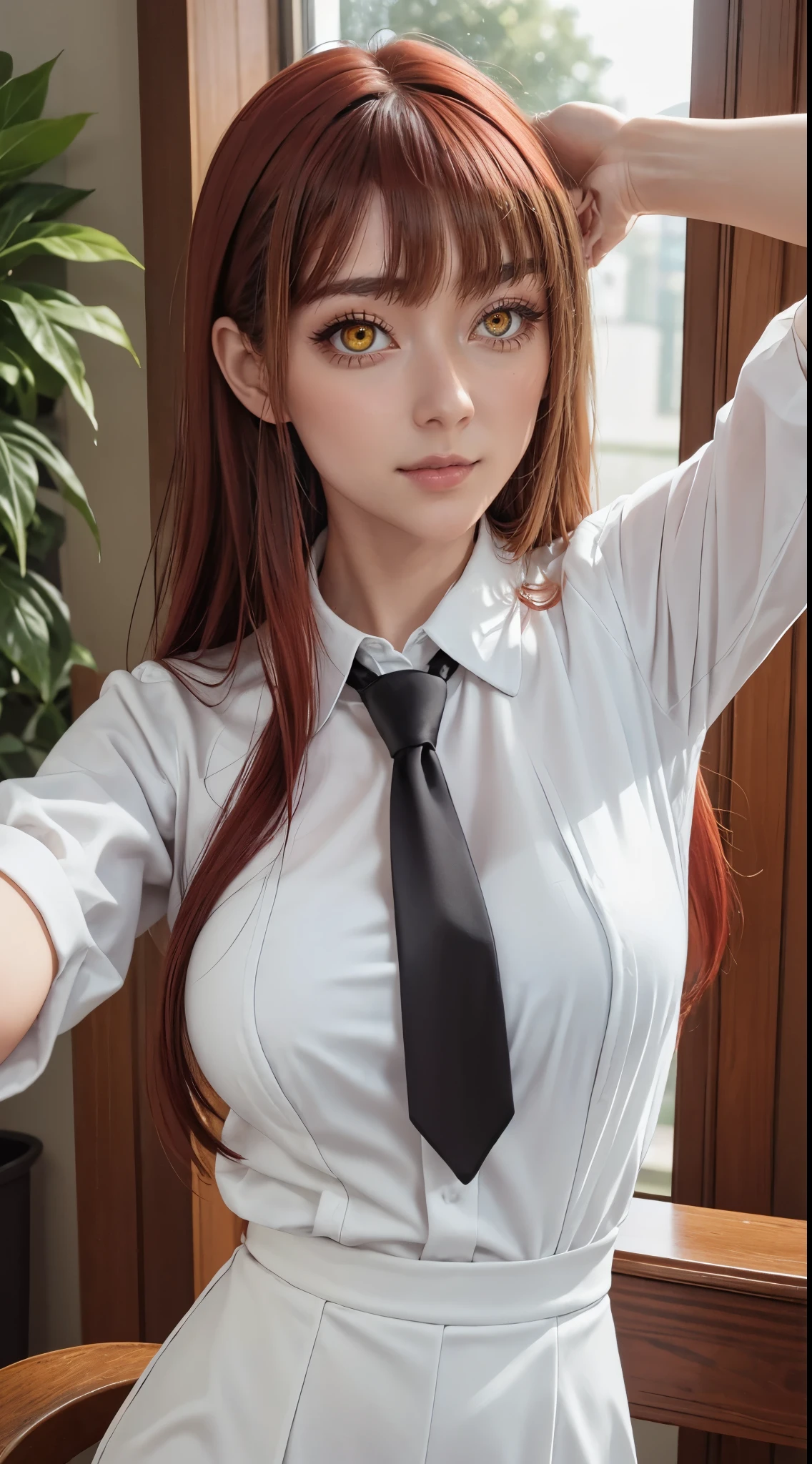 (Best quality, Masterpiece, Colorful, Dynamic Angle, highest details) Upper body photo, cheerfulness, (《Chainsaw Horror》Wrangler Horse), Fashion photography cute (Red long hair) Girl (Amazing mature woman), Dress high detail office pastoral suit, White shirt and(black necktie)(high resolution texture), dynamicposes, Bokeh, (Intricate details, ultra - detailed:1.15), Detailed, sunlight passing through hair, office backdrop, (offcial art, extreme detailed details, highest details),《Chainsaw Horror》Makima in the anime, tit curtains, show breasts, flashing tits, show tits, show big chests, show armpits, wet armpits, sweating, lickable armpits, body faced the camera, view the viewer, extremely sharp details