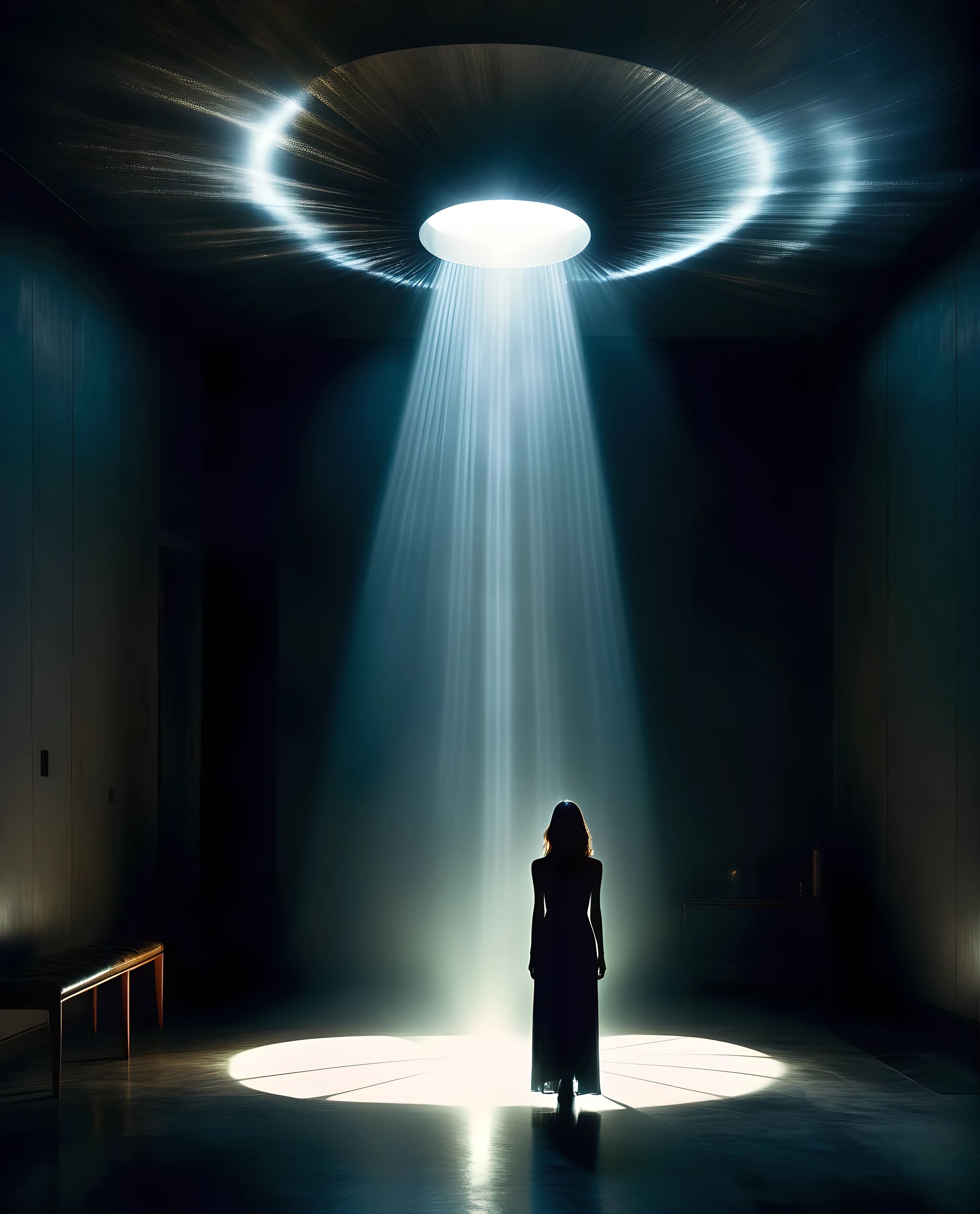 Akos Major ,Black and white photography,Minimalist photography,A woman standing in a dark room,A ray of light shines through the ceiling, Dramatic Lighting. concept art, "lonely dark figure"!!, Volumetric Light , Surreal, Standing under the beam, Beautiful lighting composition, Minimalist movie lighting, Surreal lighting, figure in the darkness, light emanating from the entrance, extremely Dramatic Lighting, Mysterious Lights, Dramatic Lighting render,Photo realism, Sharp focus, High level of image quality, high quality,HD,photography,8K,HDR