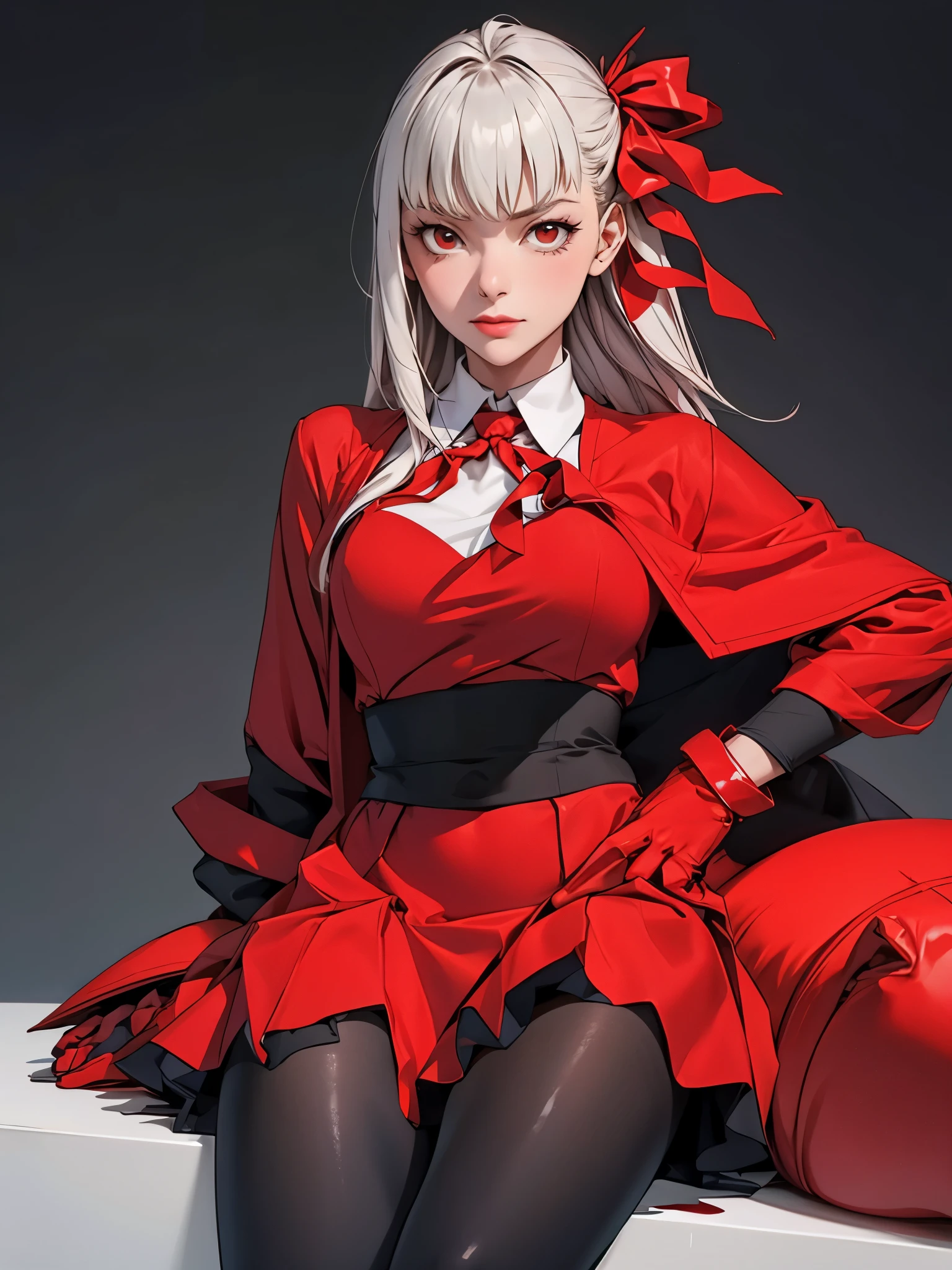 perfect eyes:1.2, detailed eyes:1.4, realistic:1.4, black pantyhose:1.2, very long hair, bb \(fate\), fringe, red ribbon, black ribbon, htmaid, red ascot, red hair, red eyes, red coat, black skirt, pleated skirt, bow, magical_girl, long sleeves, serious, 1girl, solo, (masterpiece:1.6, best quality),