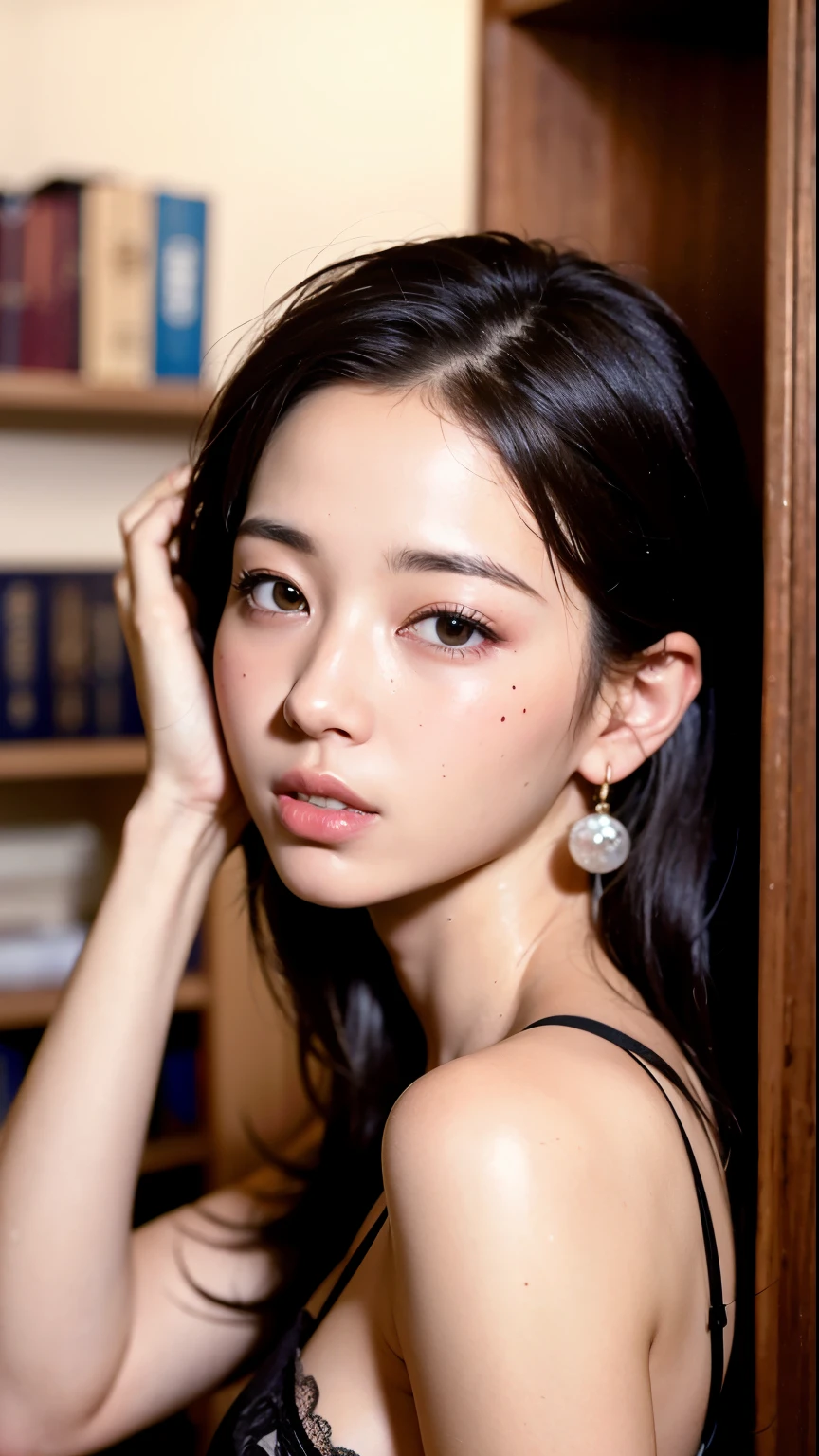 (highest quality, 8k, 32k, masterpiece, Ultra-high resolution:1.2),Beautiful Japanese Women Photos, alone, 1 girl, Glowing Skin, Glittering earrings, glamorous, charm, Expose your shoulders, Sheer silk lace crop top, Tight Skirt, Professional Model, look forward to, Overbyte、Mouth half open、blush:2.5、Small breasts、Short updo、Black Hair、Face close-up、Portraiture、Teeth are visible:1.5、Big Mouth:1.5、Droopy eyes、Round face、Multiple moles、Fair skin、28 years old、Brown eyes、Embarrassed look、、(Chubby),Pulling hair up、I can see the side、Distant eyes、Round Nose、In front of the bookshelf in the library、Top view
