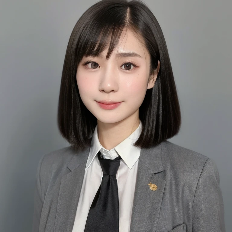(kawaii 24 year-old Japanese girl, Nogizaka idol, Korean idol), (glossy black hair, short bob, even and symmetric hair design:1.3), (deep black eyes, rounded face, single eyelid, no makeup, relaxed expression:1.2), (wearing suit jacket, collared shirt, necktie:1.3), (extra small breasts:0.9), (facing straight at camera:1.2), BREAK, (simple grey background, yearbook background:1.3), (portrait, id photo, bust shot, view from straight forward:1.3), (keep enough top margin to avoid the head cropped:1.3), BREAK, (masterpiece, best quality, photo realistic, official art:1.4), (UHD, 8K quality wallpaper, high resolution, raw photo, golden ratio:1.3), (shiny skin), professional lighting, physically based rendering, award winning, (highly detailed skin, extremely detailed face and eyes), Carl Zeiss 85 mm F/1.4, depth of field, 1girl, solo,