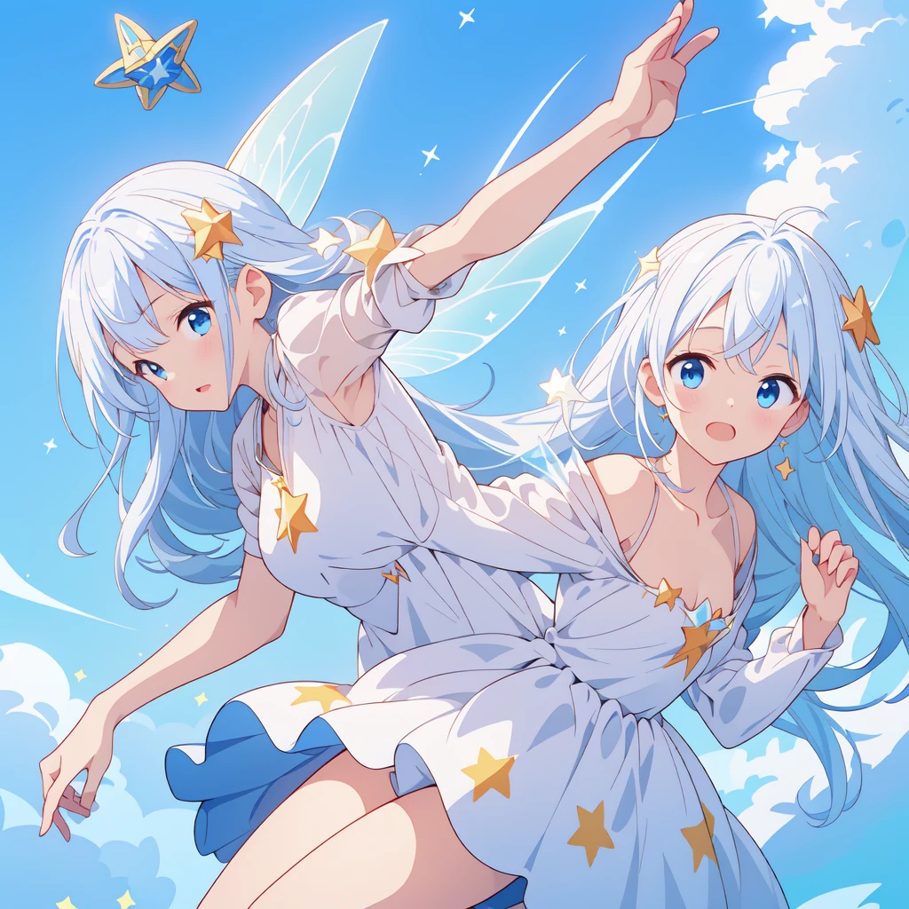 Ultra-fine、Super beautiful、masterpiece、highest quality、Masterpiece、Official Art、16k、(((Ride a star-shaped flying vehicle　Star Fairy)))、Milky white and blue gradient long hair