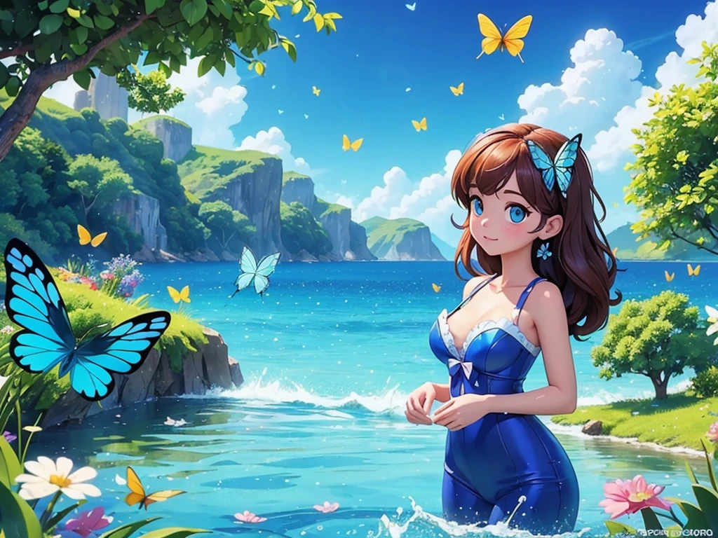 (highest quality、4K、High resolution、masterpiece:1.2) 、Super detailed、Real、Big blue butterfly、They gather at the water&#39;s edge to drink water.