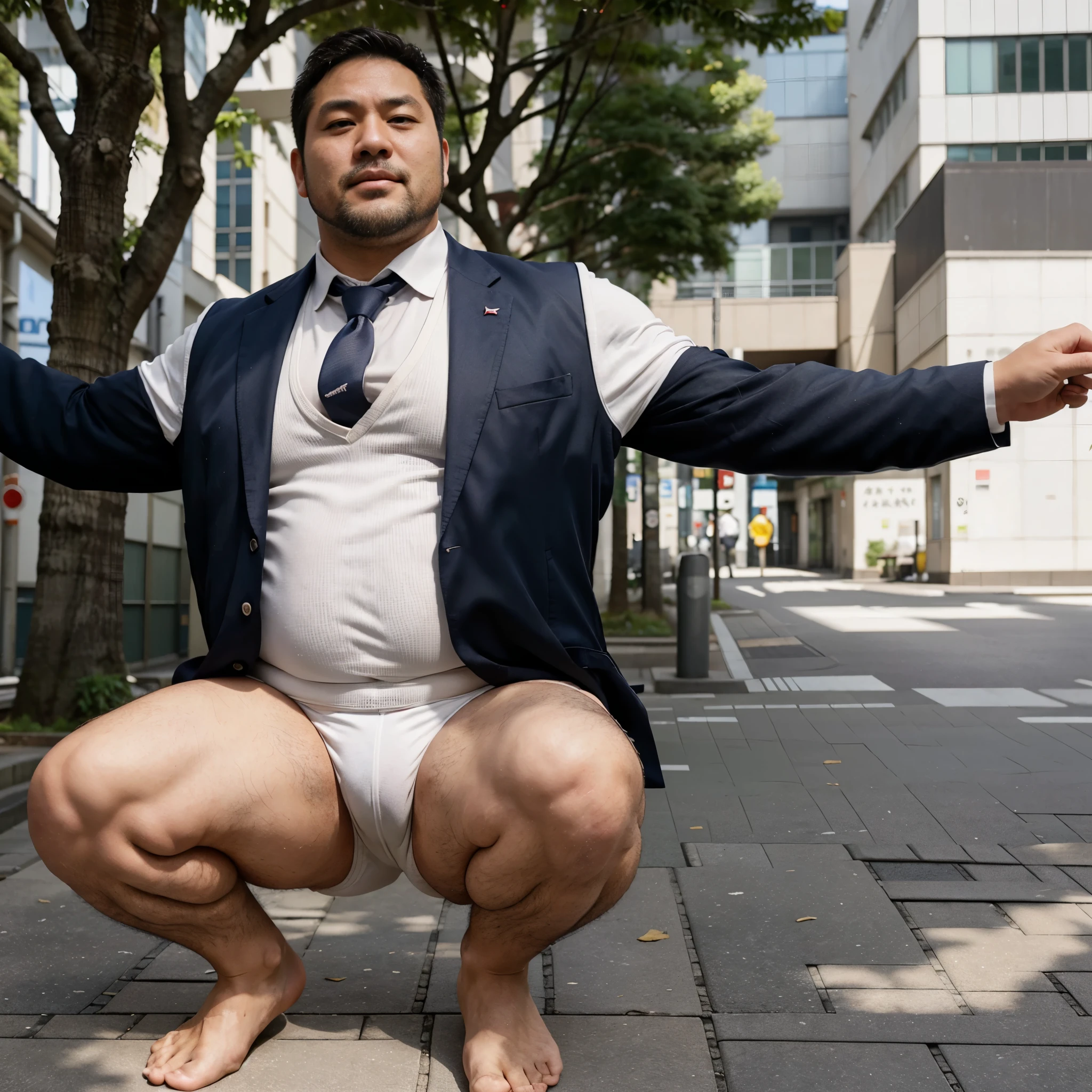 A stocky chubby Japanese man in his 40s, a former rugby player with a short beard and wearing a suit jacket and tie, sitting on the ground directly on quiet street in Tokyo with only white competitive swim suits underneath spreading legs a part wide open arms behind back
