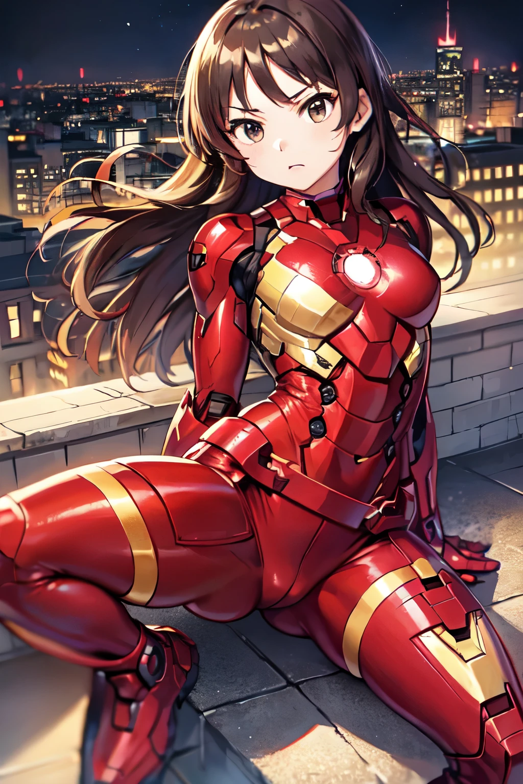 Primary school students、child、Long Hair、Small breasts、Small breasts、child体型、Angry、injured body、Blue ribbon、((damaged iron man suit、Crotch crack))、City of night、Rooftop、Boxing stance、8 year old 、Realistic body、battlefield、Fight the enemy、Fishnet tights、Leota