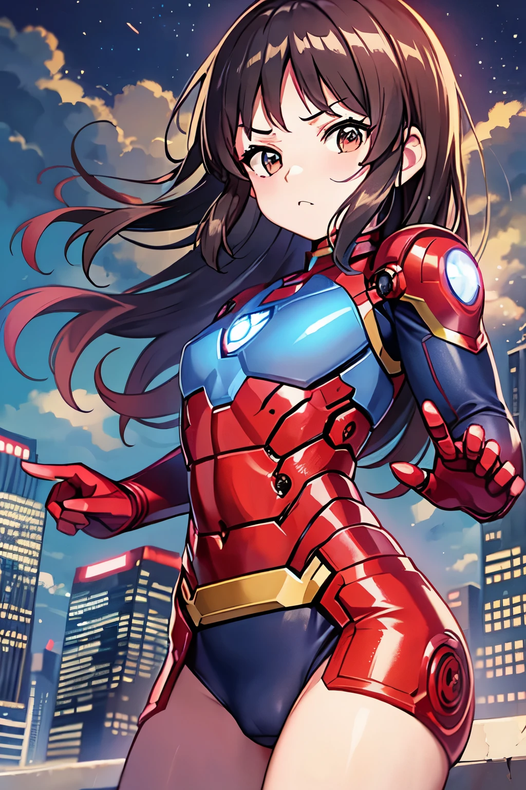 Primary school students、child、Long Hair、Small breasts、Small breasts、child体型、Angry、injured body、Blue ribbon、((damaged iron man suit、Crotch crack))、City of night、Rooftop、Boxing stance、8 year old 、Realistic body、battlefield、Fight the enemy、Fishnet tights、Leota