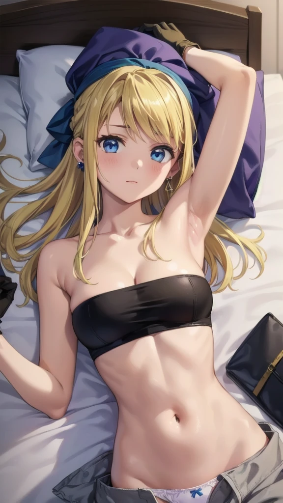 (((Pixel Perfect, Perfect detail))), ((alone, 1 girl)), winry rockbell, blue eyes, blonde hair, gloves, navel, cleavage, bare shoulders, collarbone, earrings, midriff, pants, stomach, bare arms, strapless, bandana, bandeau, tube top, grey gloves, (lying on the bed:1.3), ((showing panties)), upper body, indoor