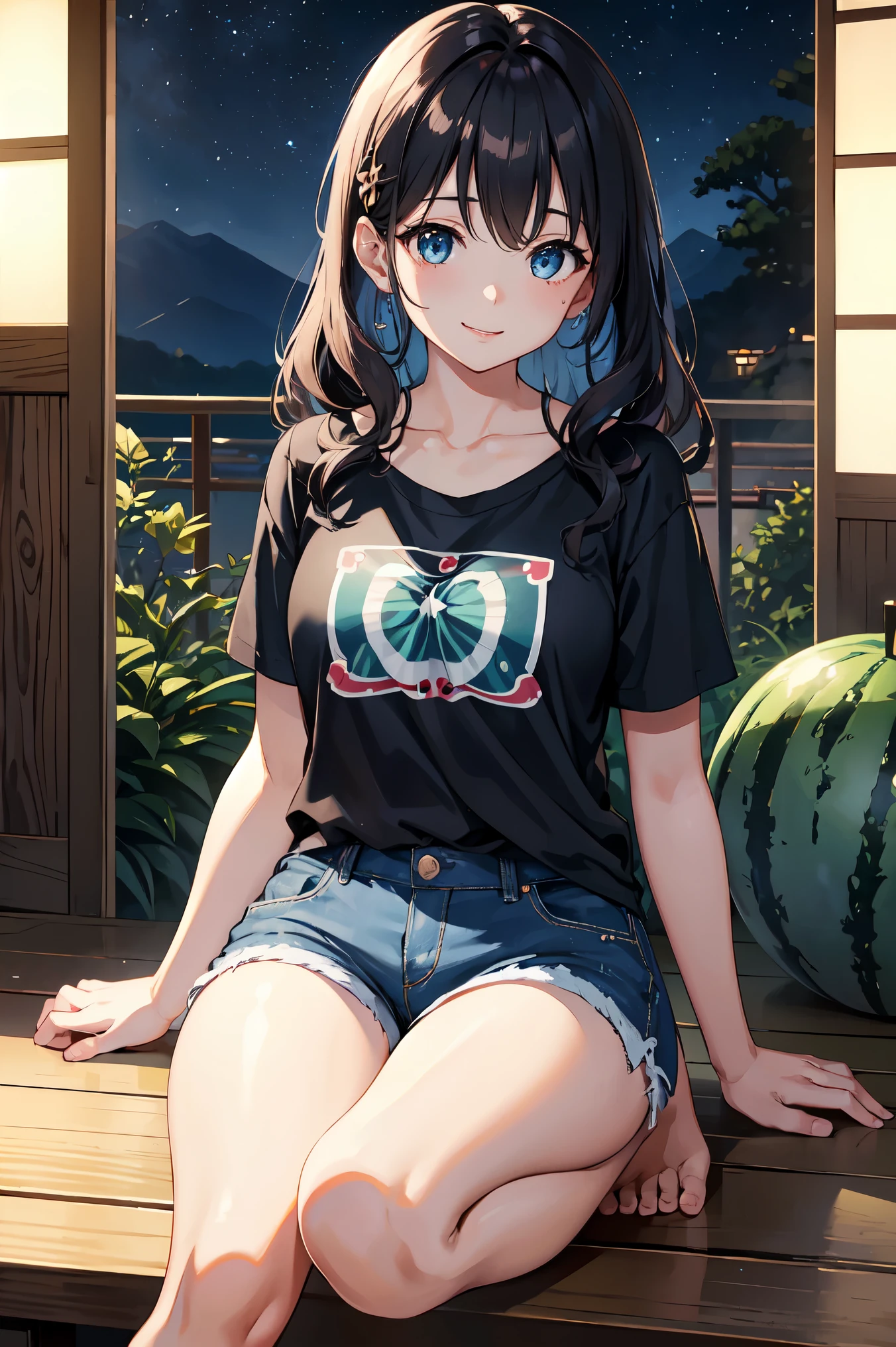 CG, Unity, 8k, wallpaper, highest quality,sunlight、Perfect lighting、 masterpiece, haruka amami, (smile: 1.2), 1 high school girl、Black Hair、Curly Hair、Blue Eyes、Dense lips、Sit on the veranda, Black T-shirt、 BREAK denim shorts, barefoot, Thighs, Sweat, Best lighting, Complex pupil, Complex weaving, Detailed Background, Japanese countryside, evening、Sunset、wind chimes🎐、watermelon🍉