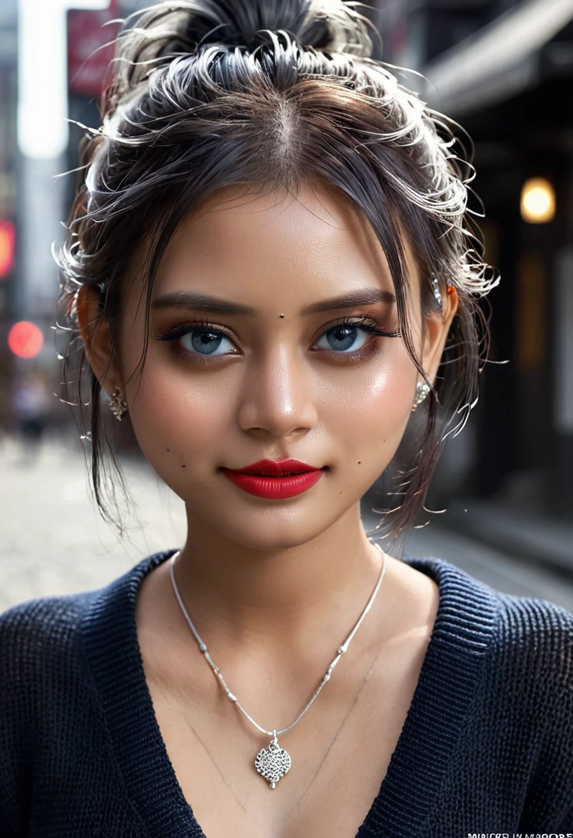 Urban beautiful girl college student, masterpiece, light makeup, red lips, silver hair, messy long hair, street background, beautiful, elegant. super fine details, master works, authentic texture, cinematic lighting realism, perfect job, 16K, hd, exquisite features,blue eyes、japanese idol、Beautiful Face、cute smile、brown hair、beautiful hair、ponytail、glamorous、 big breasts、erect nipples、Oily muscle、shiny skin、tanned skin、Black glowing skin、Sexy knitted sweaters, bright big eyes, smooth skin, earrings, necklace, tattoo