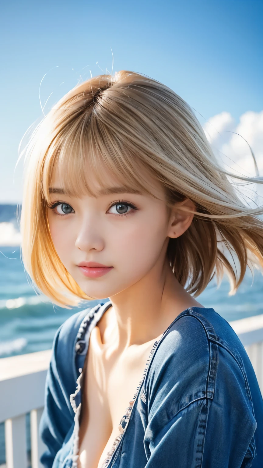 Sexy big 、Sexy cute looks and cute 15 year old beautiful girl, Beautiful and sexy face、A strong wind blows my hair in front of my face、A short-haired blonde with cute, sexy eyes hidden by long bangs.、cute ribbon