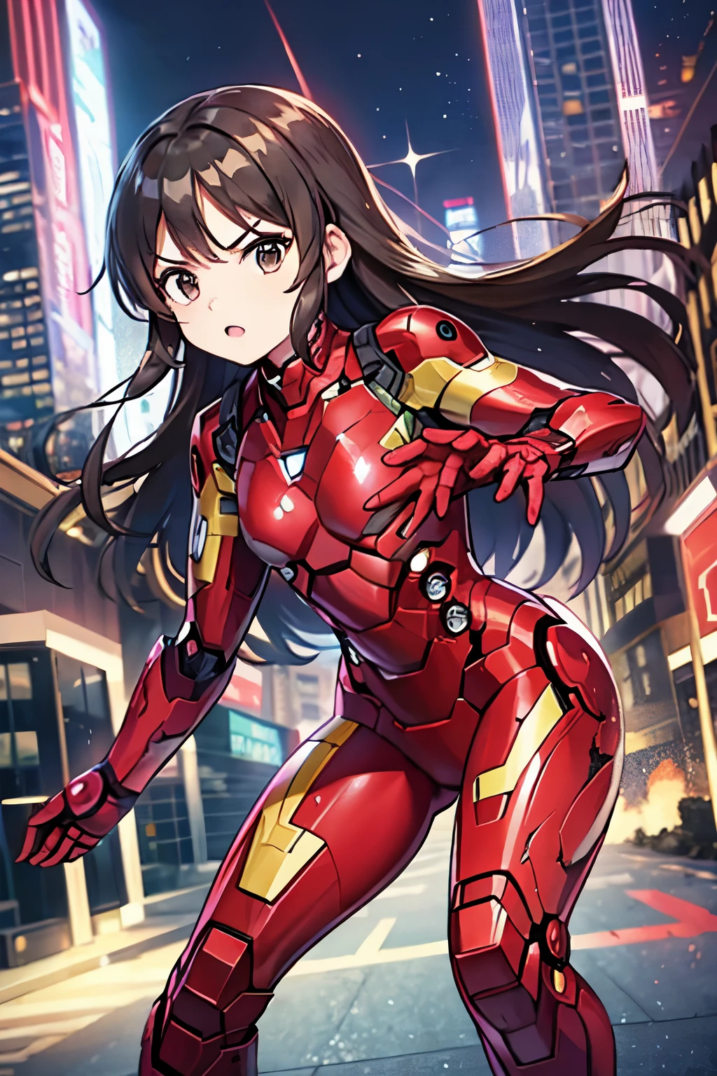 Primary school students、child、Long Hair、Small breasts、Small breasts、child体型、Angry、injured body、Blue ribbon、((damaged iron man suit、Crotch crack))、City of night、Rooftop、Boxing stance、8 year old 、Realistic body、battlefield、Fight the enemy