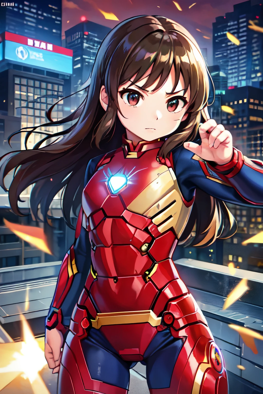 Primary school students、child、Long Hair、Small breasts、Small breasts、child体型、Angry、injured body、Blue ribbon、((damaged iron man suit、Crotch crack))、City of night、Rooftop、Boxing stance、8 year old 、Realistic body、battlefield、Fight the enemy