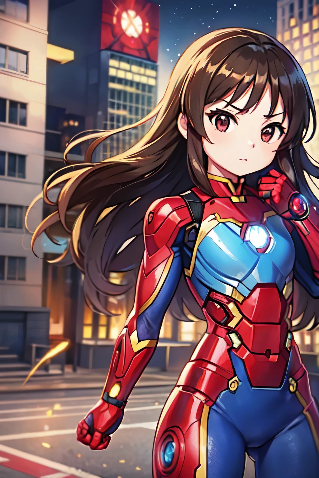 Primary school students、child、Long Hair、Small breasts、Small breasts、child体型、Angry、injured body、Blue ribbon、((damaged iron man suit、Crotch crack))、City of night、Rooftop、Boxing stance、8 year old 、Realistic body、battlefield、Fight the enemy