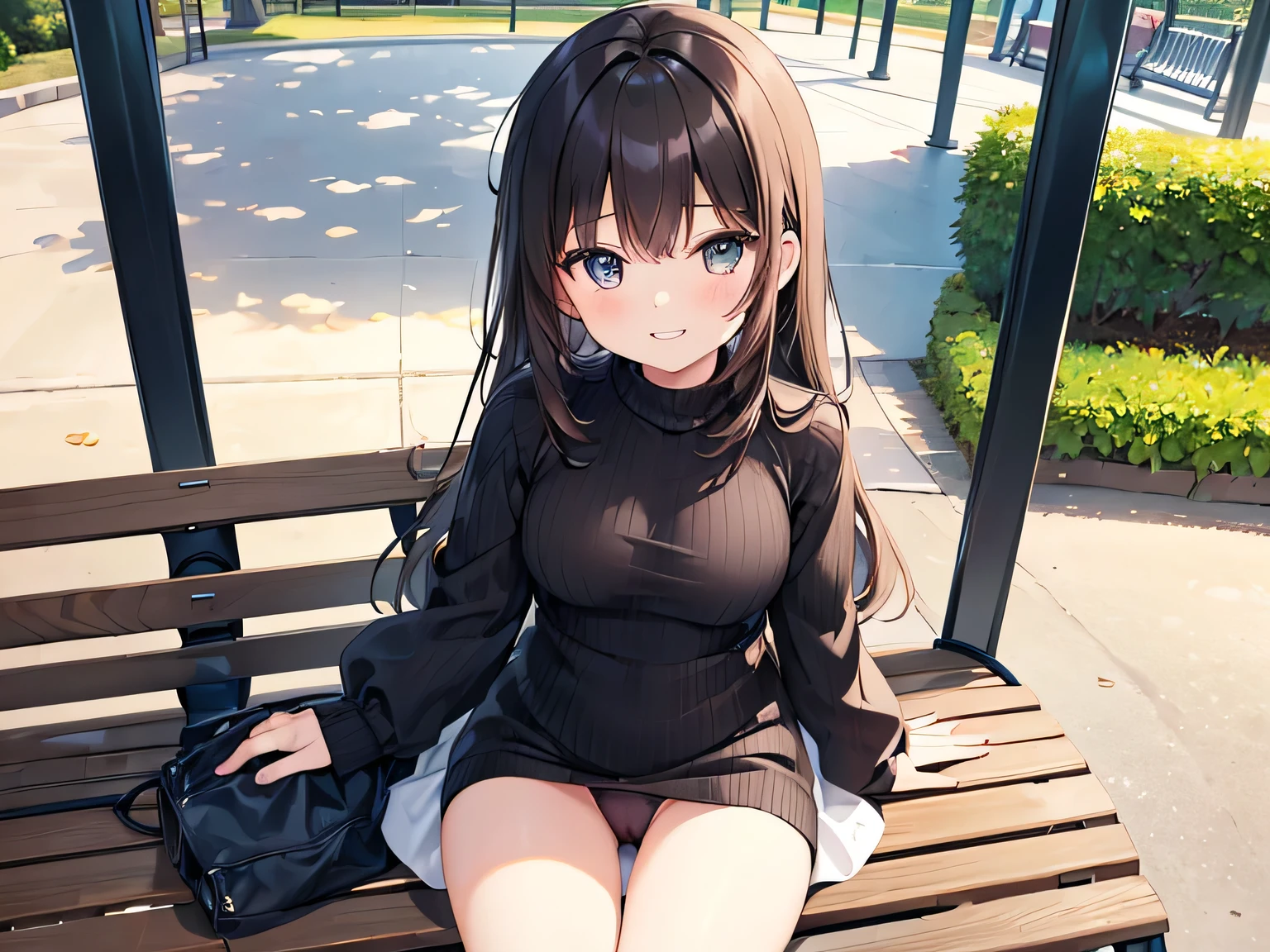 (masterpiece、highest quality、High resolution、Realistic photo、Real looking skin:1.1)、 
(A woman sits on a bench at an amusement park with her legs closed:1.8)、 
(The length of the dress is so short that her panties are visible.:1.8)、 
(I&#39;m looking at her from a slightly higher perspective.:1.8)、 
(Provocative, grinning expression:1.8)、 
(She is wearing a black long-sleeved knit mini dress.:1.8)、
(The material of the dress is ribbed knit that shows the lines of the body.:1.8)、
(She is wearing black knee-length boots:1.8)、 
(The panties are pink and have a pattern.:1.5)、 
(Brown medium hair:1.5)、  
(She is 31 years old and has a mature look.:1.5)、
(Location: amusement park bench:1.5)、 
1 Japanese Girl、solo、Full Body Esbian、Beautiful Eyes、Shining Eyes、Shining thighs、NSFW