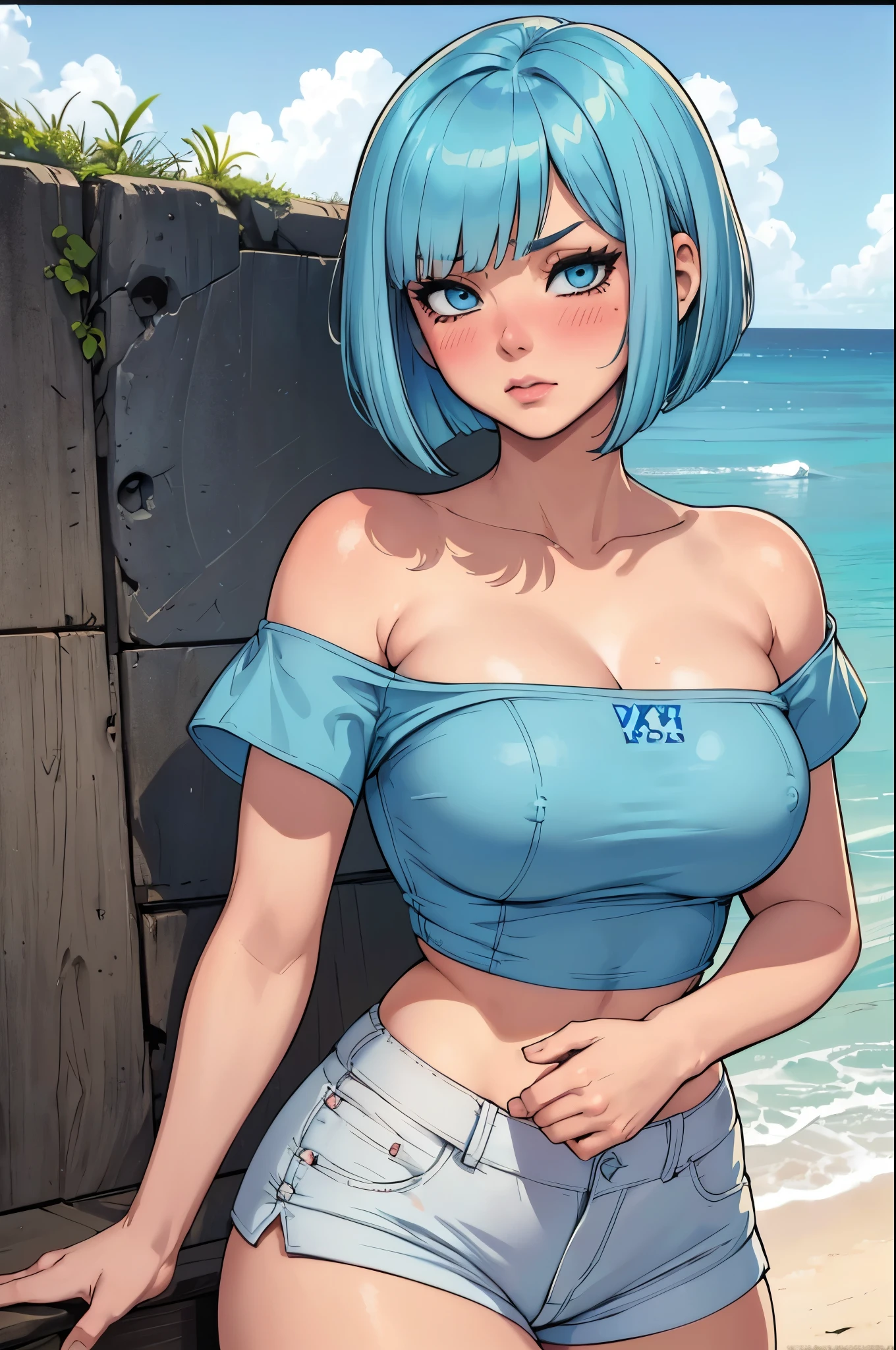 ((vintage comic style)), beautiful woman in bad mood, ((light blue hair)), ((bob cut hairstyle with bangs)), large blue eyes, ((blushing face)), busty, ((tight blue strapless t-shirt)), (white shorts lycra pants), cameltoe, masterpiece, best quality, 4k definition, ((beach background))