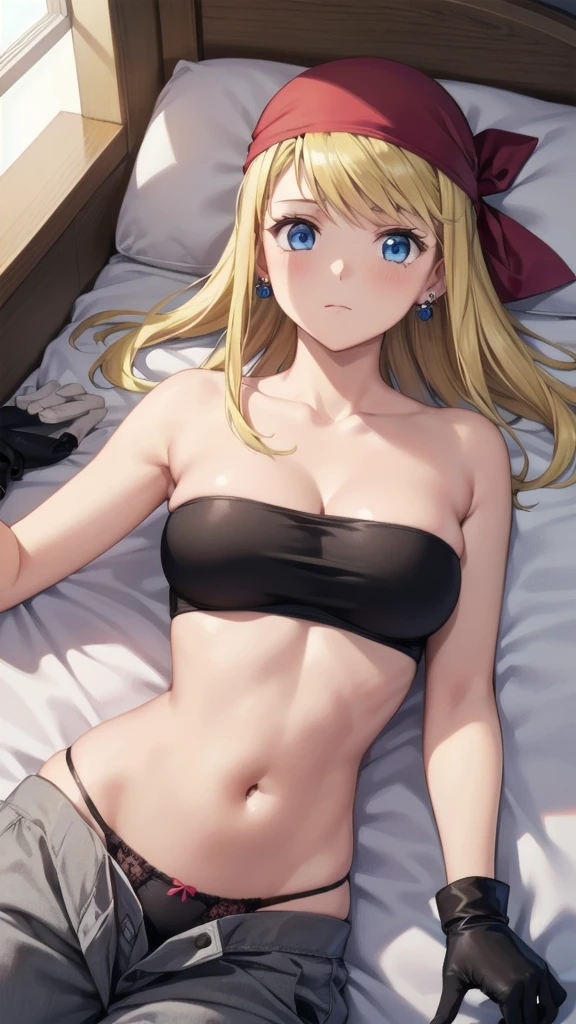 (((Pixel Perfect, Perfect detail))), ((alone, 1 girl)), winry rockbell, blue eyes, blonde hair, gloves, navel, cleavage, bare shoulders, collarbone, earrings, midriff, pants, stomach, bare arms, strapless, bandana, bandeau, tube top, grey gloves, (lying on the bed:1.3), ((showing panties)), upper body, indoor