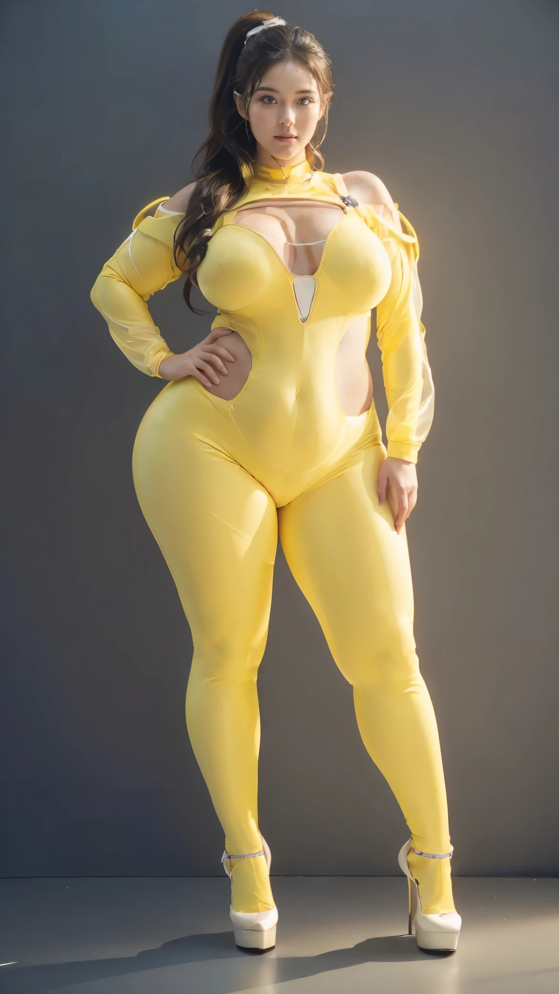 (highest quality、8k、32k、masterpiece、Ultra-high resolution:1.2、Perfect body beauty:1.2、Wearing a futuristic hero suit that glows pale yellow and white:1.5、Cute 25 year old White woman、Big and ample breasts:1.5、Upper Body、front、Simple Background、Looking at the audience、Dynamic pose:1.8、sunlight、nswf:1.5 ((Light yellow rubber suit)),((Huge slack)),((heavy body)),((Wide Hips)),((Thick body)),((Fat belly)),((Fat girl)),((Chubby)),((Big Size)),((White woman)),((Brown Hair)),((short hair)),((blue eyes)),((Full body portrait))、Long socks、I can't see my bare skin、High heels、Full body portrait、ponytail、Simple Background、Full body portrait、Full body portrait、High heels、Stand with your feet shoulder-width apart、One Woman、