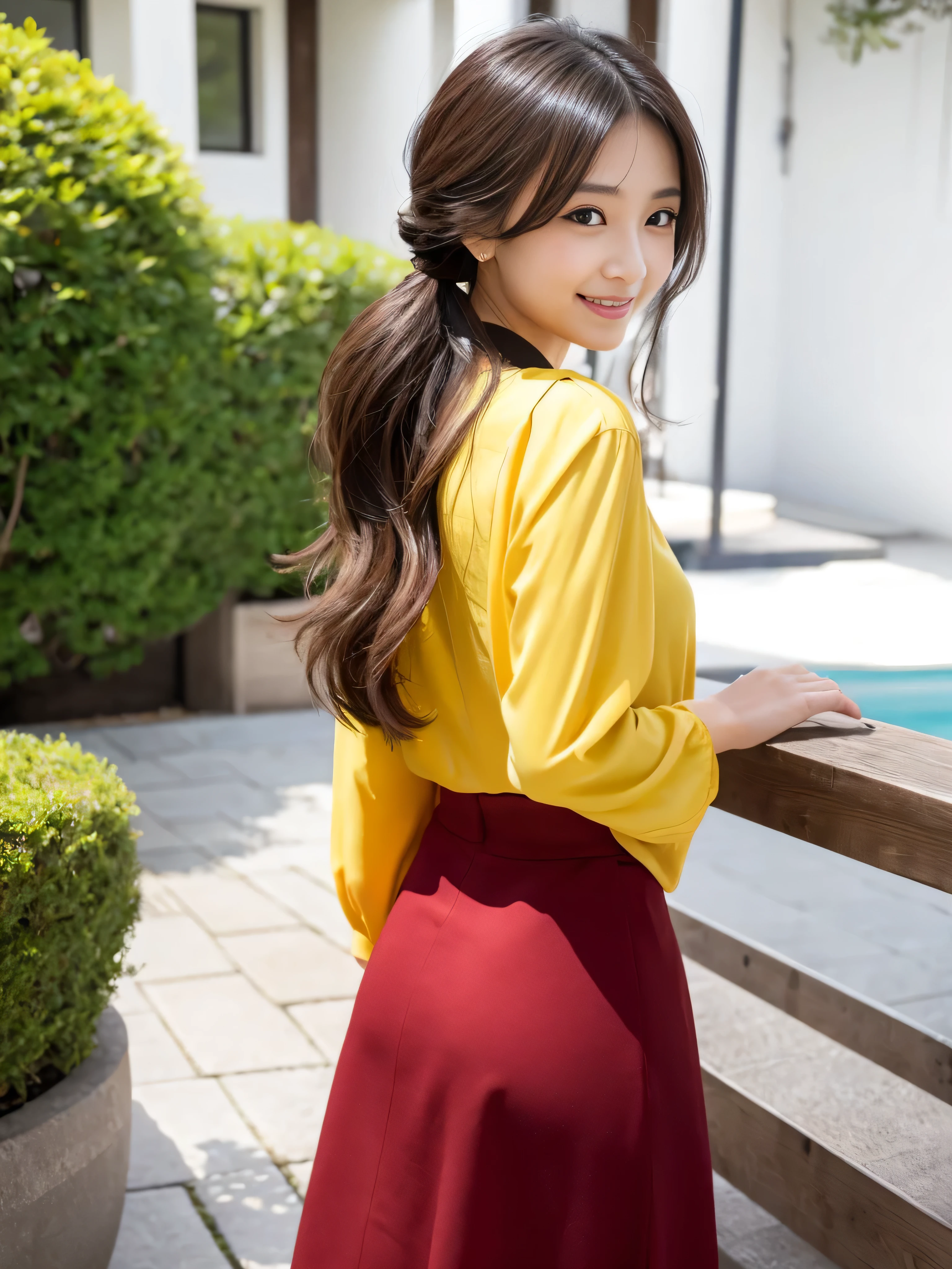 masterpiece、Ultra high definition、Ultra HD、Beautiful Japanese Woman、Beautiful Japanese Woman in her late thirties to forties、A beautiful woman like a fashion model、Model Body Type、A refreshing smile、Beautiful long dark brown hair、Hair tied at the back、Black ribbon in hair、Light yellow blouse、Red long skirt with tucks、I'm wearing a moss green apron:1.4、Taking a photo in front of a coffee shop、The sun's rays are pouring down、