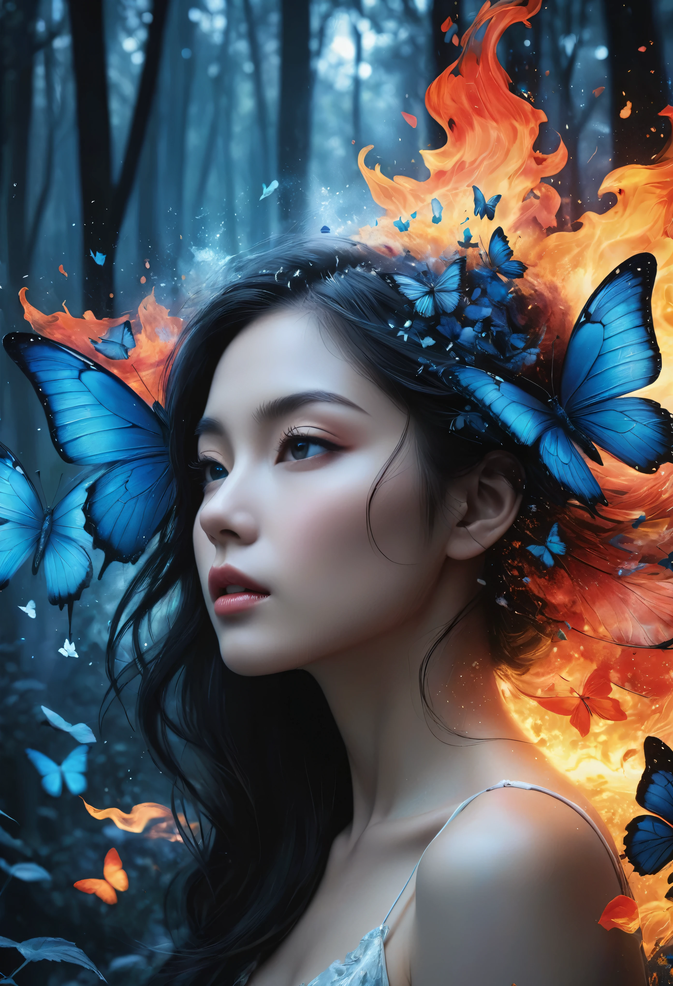 ((Masterpiece in maximum 16K resolution):1.6),((soft_color_photograpy:)1.5), ((Ultra-Detailed):1.4),((Movie-like still images and dynamic angles):1.3) | (double contact:1.3), Beautiful blue butterfly silhouette effect, Superimposed on Very Pretty Female《dark forest sky》Agnes Cecile, Jeremy Mann, Oil and ink on canvas, fine art, super dramatic light, photoillustration, amazing depth, the ultra-detailed, iridescent red, superfluous dreams, intricately details, amazing depth, Amazing atmosphere, Mesmerizing whimsical vibrant landscapes, Maximalism (beautiful outside, Ugly inside, pressure and pain, beauty and despair, hard and soft, positive and negative, hot and cold, Sweet and sour, Vibrant but boring, Perfect harmony, light and shadows, hot and cold, old and young, Fire and ice, Yin and yang, australian, Black and white, hot and cold, organic and mechanical, Corresponding color, loud and quiet, Chaos and peace, day and night:1.2) The complex masterpiece of a real-time engineering leader. | Rendered in ultra-high definition with UHD and retina quality, this masterpiece ensures anatomical correctness and textured skin with super detail. With a focus on high quality and accuracy, this award-winning portrayal captures every nuance in stunning 16k resolution, immersing viewers in its lifelike depiction. | ((perfect_composition, perfect_design, perfect_layout, perfect_detail, ultra_detailed)), ((enhance_all, fix_everything)), More Detail, Enhance.