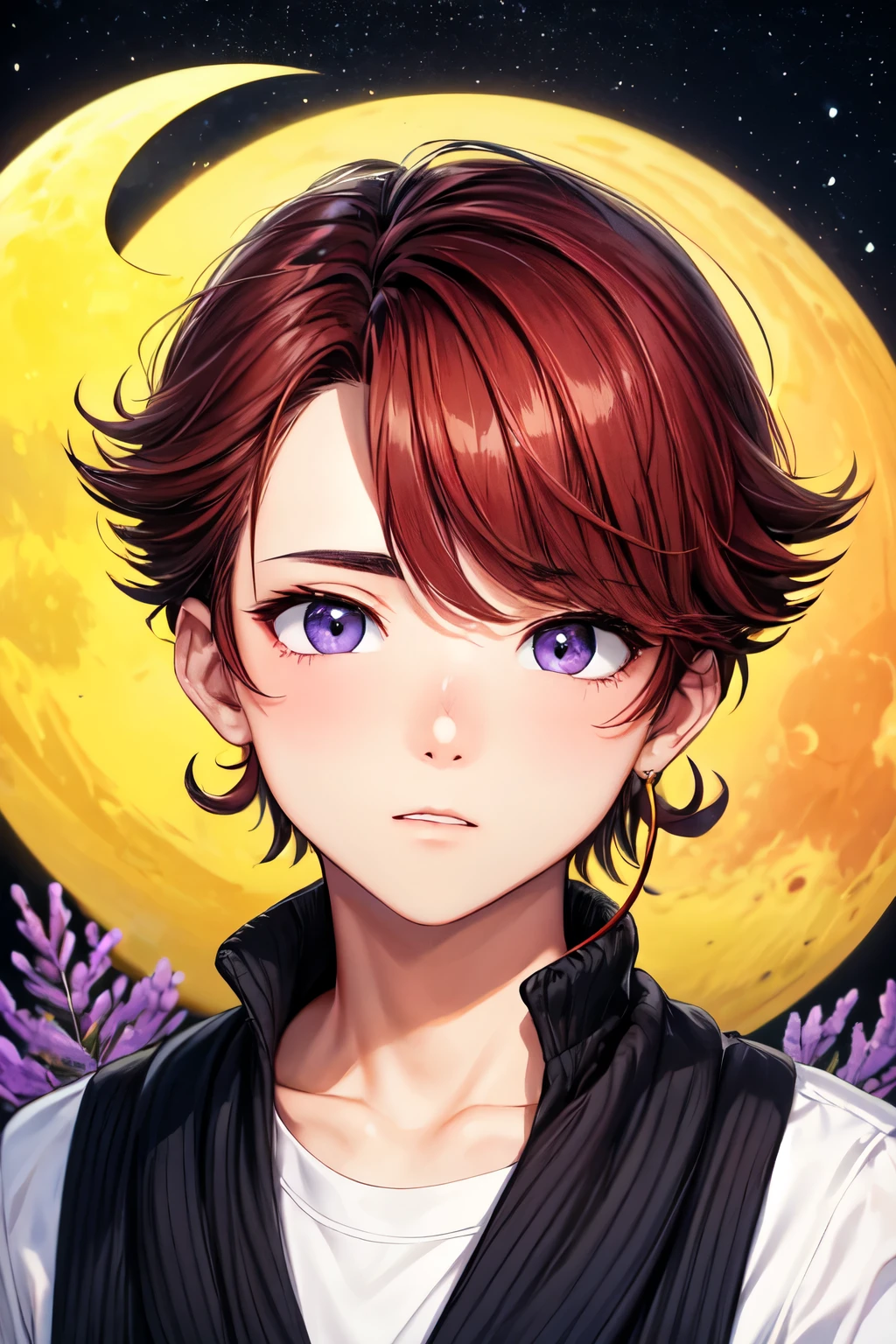 Joven hombre chico apuesto pelirojo cabello ondulado ojos lilas rasgados tiene un lunar abajo del ojo izquierdo perforaciones en la oreja labio inferior y ceja derecha rostro completo 