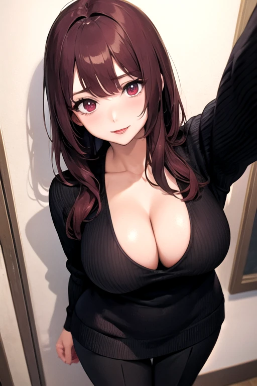 masterpiece, hyper quality, hyper-detailed, perfect anatomy, 1woman, dramatic angle, seductive pose, a 28 year old woman is skinny and large breasts, close fitting burgundy long sleeve round neck knit sweater, dress pants, high heels, cleavage, (crop top navel:0.5),