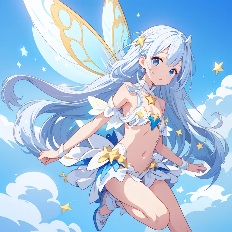 1girl,Ultra-fine、Super beautiful、masterpiece、highest quality、Masterpiece、Official Art、16k、(((Ride a star-shaped flying vehicle　Star Fairy)))、Milky white and blue gradient long hair