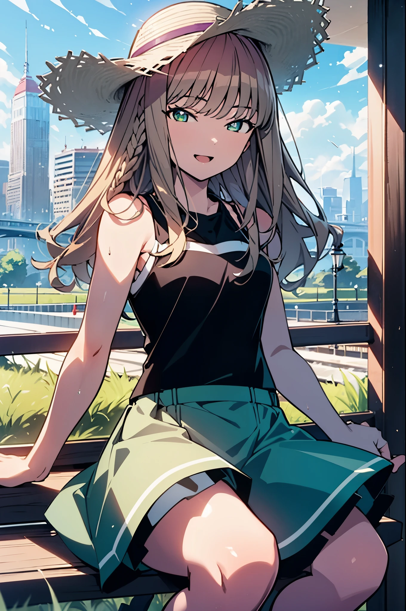 8k,highest quality,masterpiece,The seeds of a southern dream,The seeds of a southern dream sss Dynazenon,Brown Hair,Long Hair,Green Eyes,Short braided hair,happy smile, smile, Open your mouth,Big straw hat,Sleeveless dress,Bare arms,Long skirt,Cute heeled sandals,Building district,Clear skies,Daytime,sitting on a park bench,(Cowboy Shot:1. 5),(masterpiece:1.2), highest quality, High resolution, unity 8k wallpaper, (shape:0.8), (Beautiful and detailed:1.6), Highly detailed face, Perfect lighting, Highly detailed CG, (Perfect hands, Perfect Anatomy),